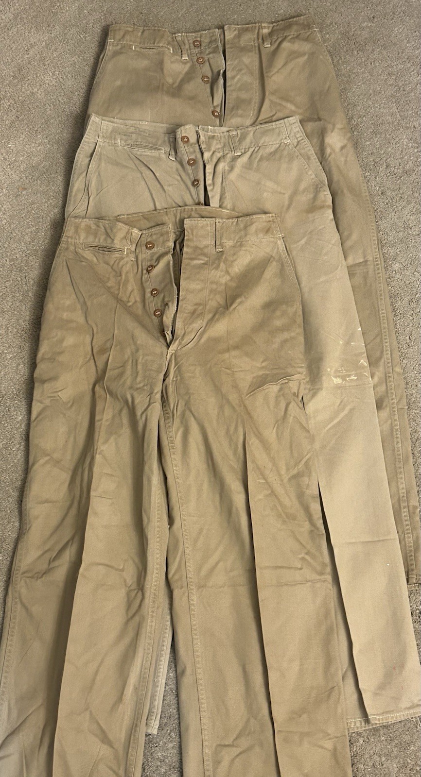 3 Pair WWII 1940s US Military Khaki Officer Chino Pants Button Fly