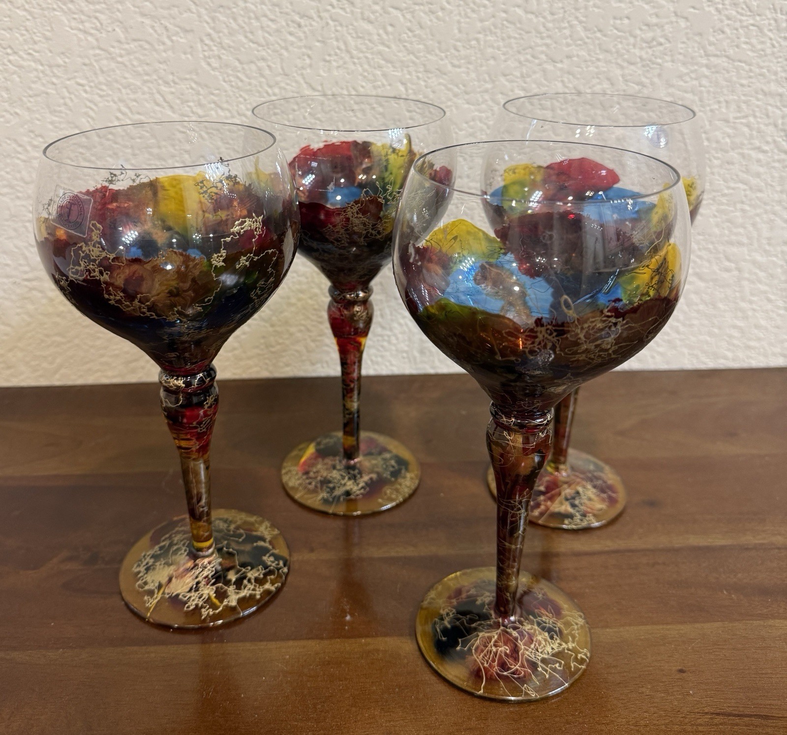 Vintage Romanian Hand-Painted Crystal Balloon Wine Glasses Lot Set of 4 NEW