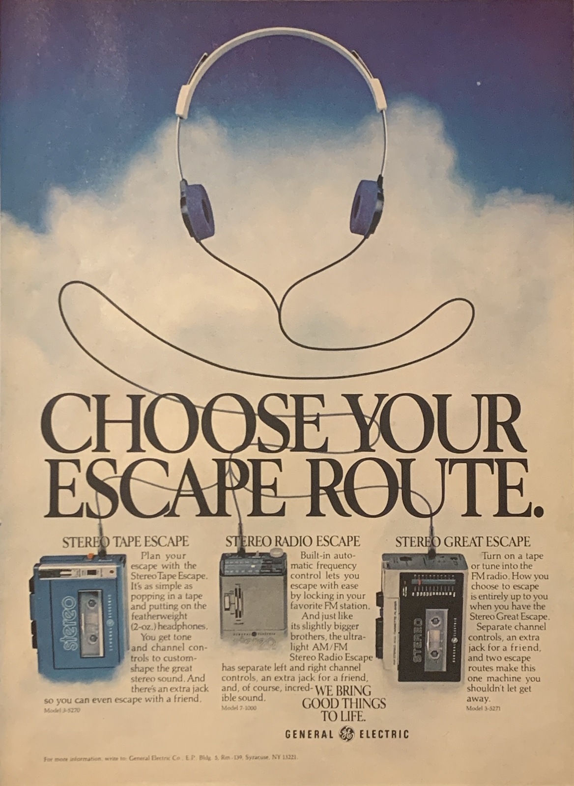1981 GE Escape Personal Stereo Cassette PRINT AD Walkman Headphones VTG 1980s