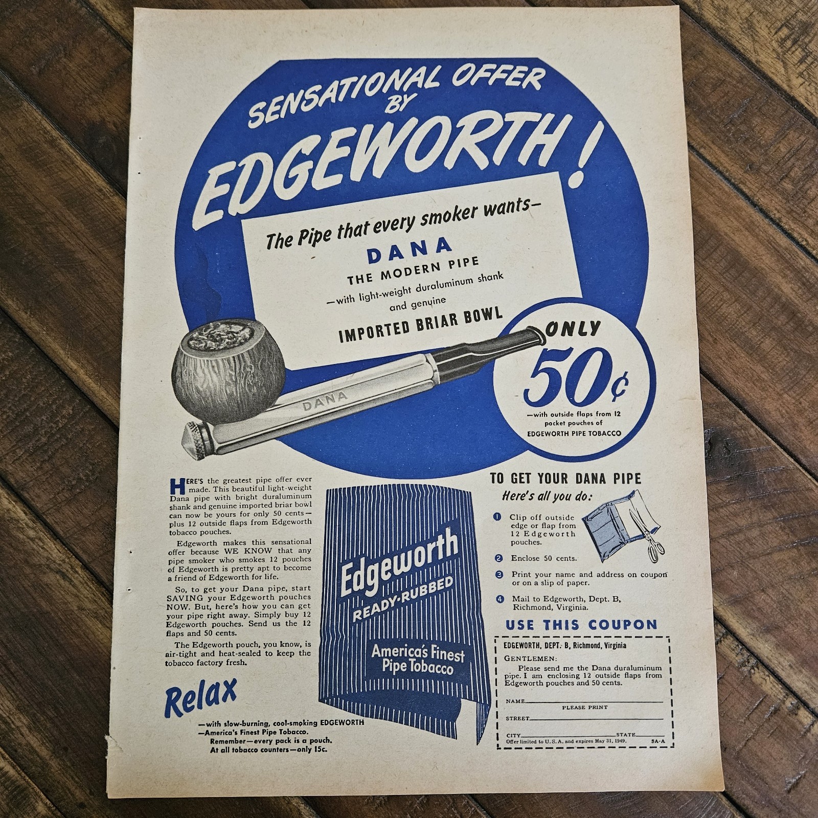 1949 EDGEWORTH Dana Pipe & Tobacco Original Magazine Print Advertisement