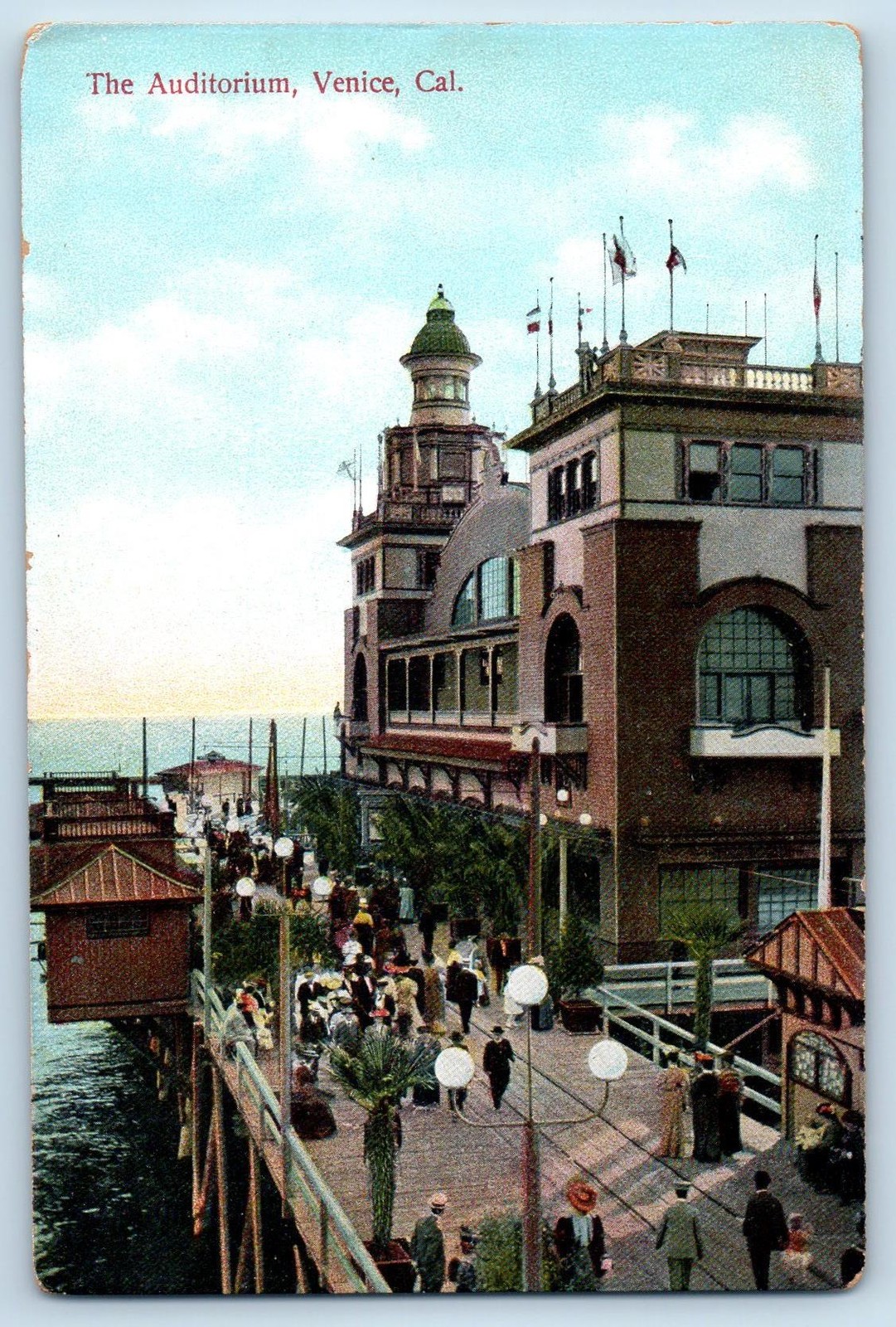 c1910\'s Venice California Antique Postcard The Auditorium Exterior Crowd Railway