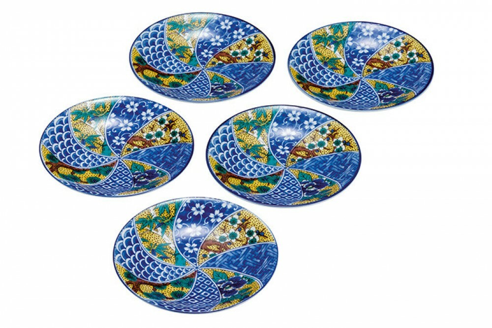 Kutani yaki ware Japanese Plate Dish set of 5Yoshida-ya Sho chiku bai 5.5\' Japan