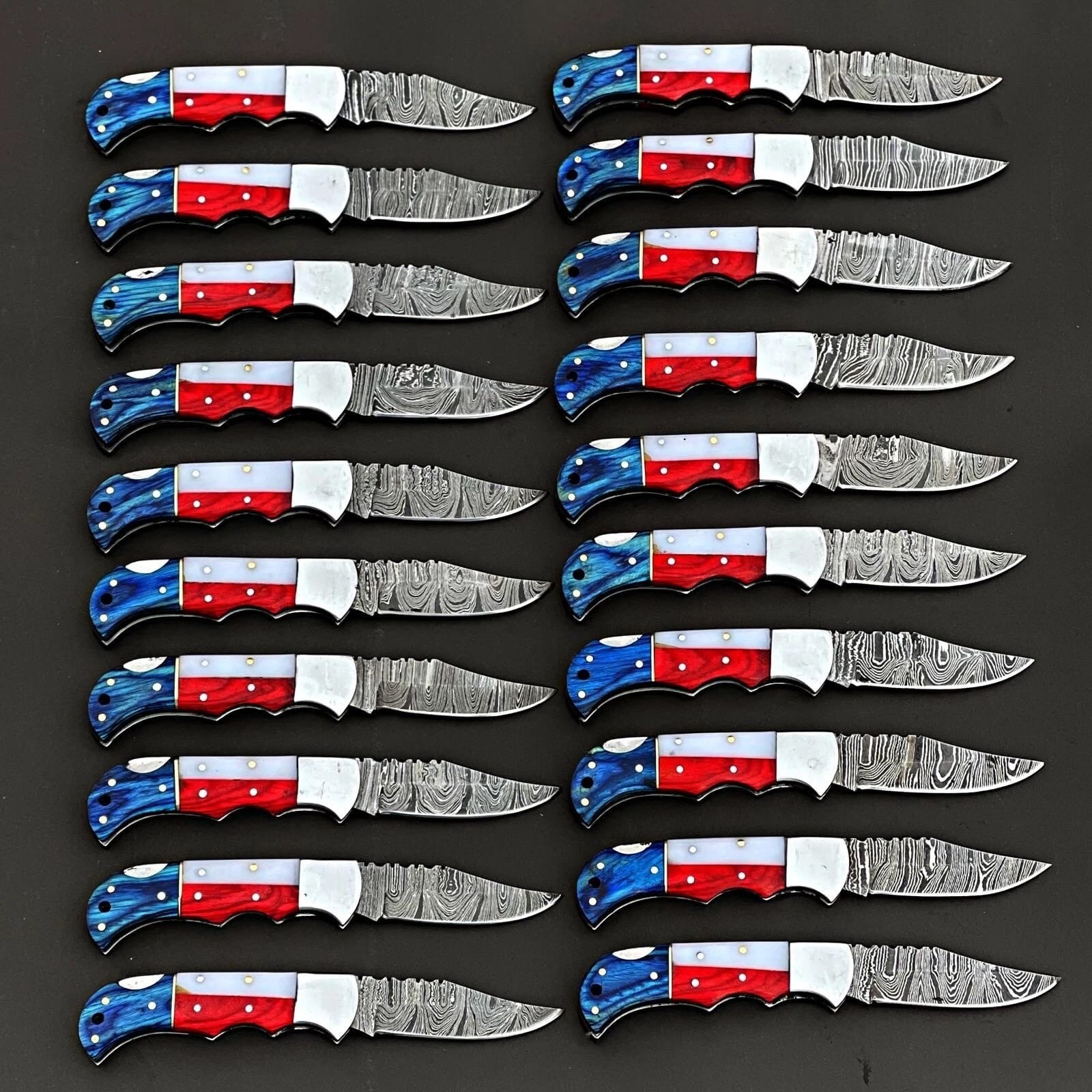 Lot of 40 Pcs Handmade Damascus Steel Folding Knives, Pocket Knives With Sheaths