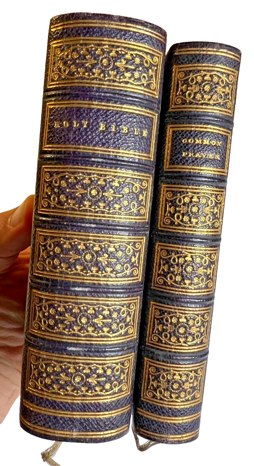 Antique 1841 Oxford Holy Bible & Common Prayer Gilt Ornate Leather Victorian Set