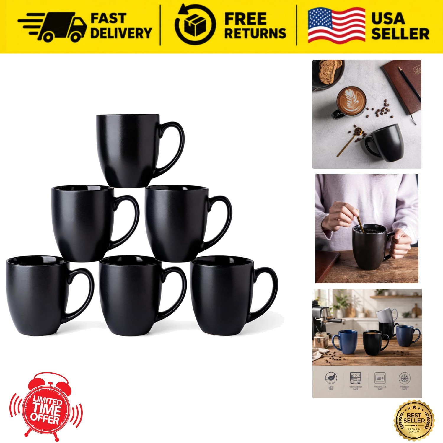 Large 16 oz Porcelain Coffee Mugs Set of 6 Matte Black Round Cups Large 16 oz Porcelain Coffee Mugs Set of 6 Matte Black Round Cups