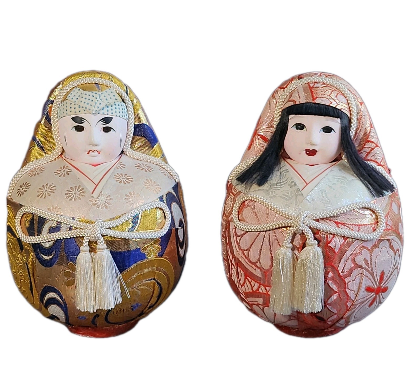 Handcrafted Silk Brocade Daruma Vintage Japanese Folk Art Dolls Ningyo Pair Handcrafted Silk Brocade Daruma Vintage Japanese Folk Art Dolls Ningyo Pair
