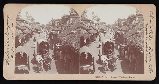 Photo:Tanjore India 1902 Busy Street Scene Stereograph Market Rickshaw