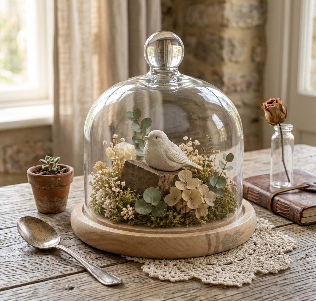 Vintage Clear Glass Cheese Cloche Dome with Round Wooden Base Board Display 7.5\