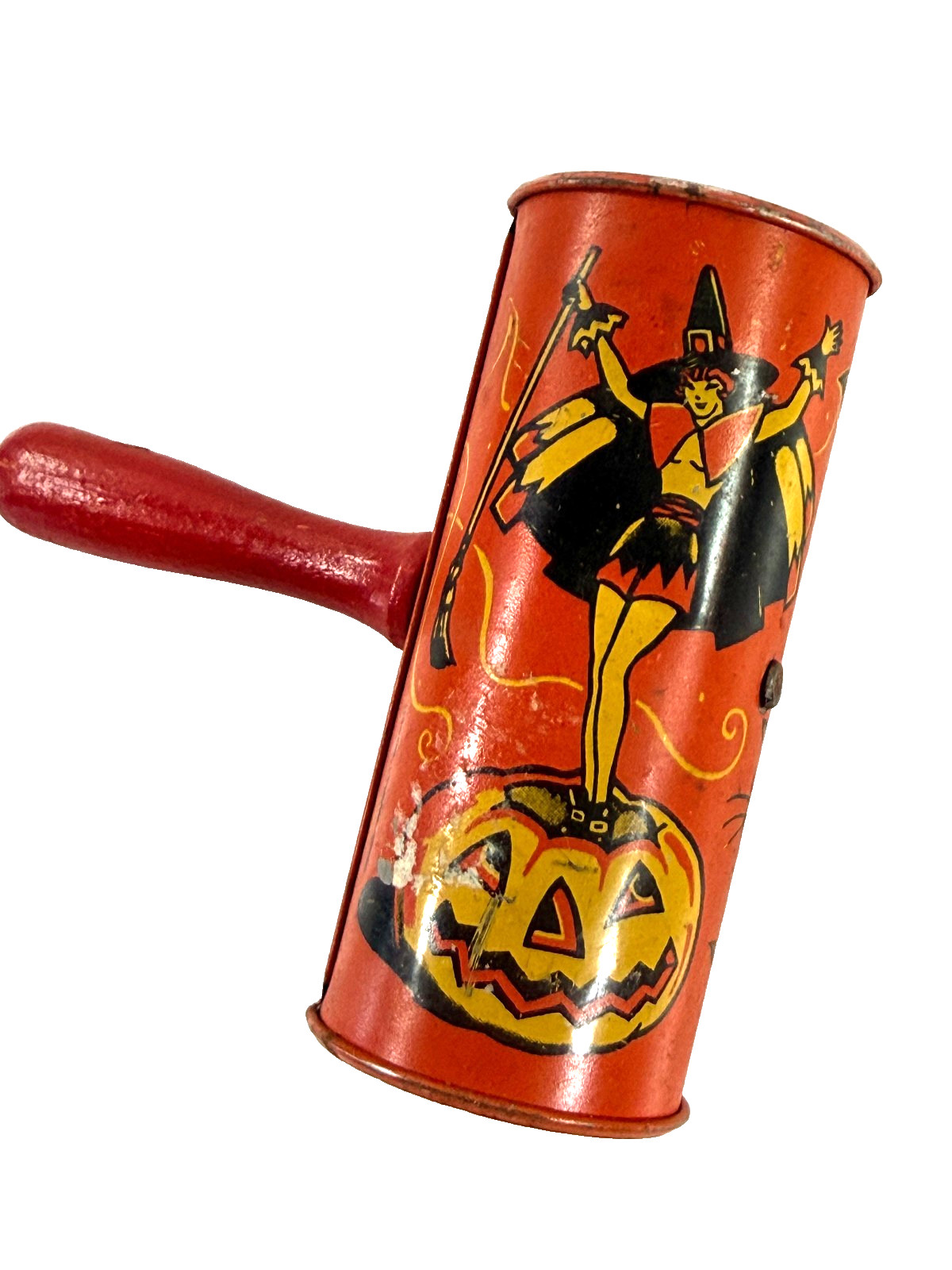 vtg 1920's Kirchhof Tin Litho Pin up witch pumpkin noisemaker Halloween