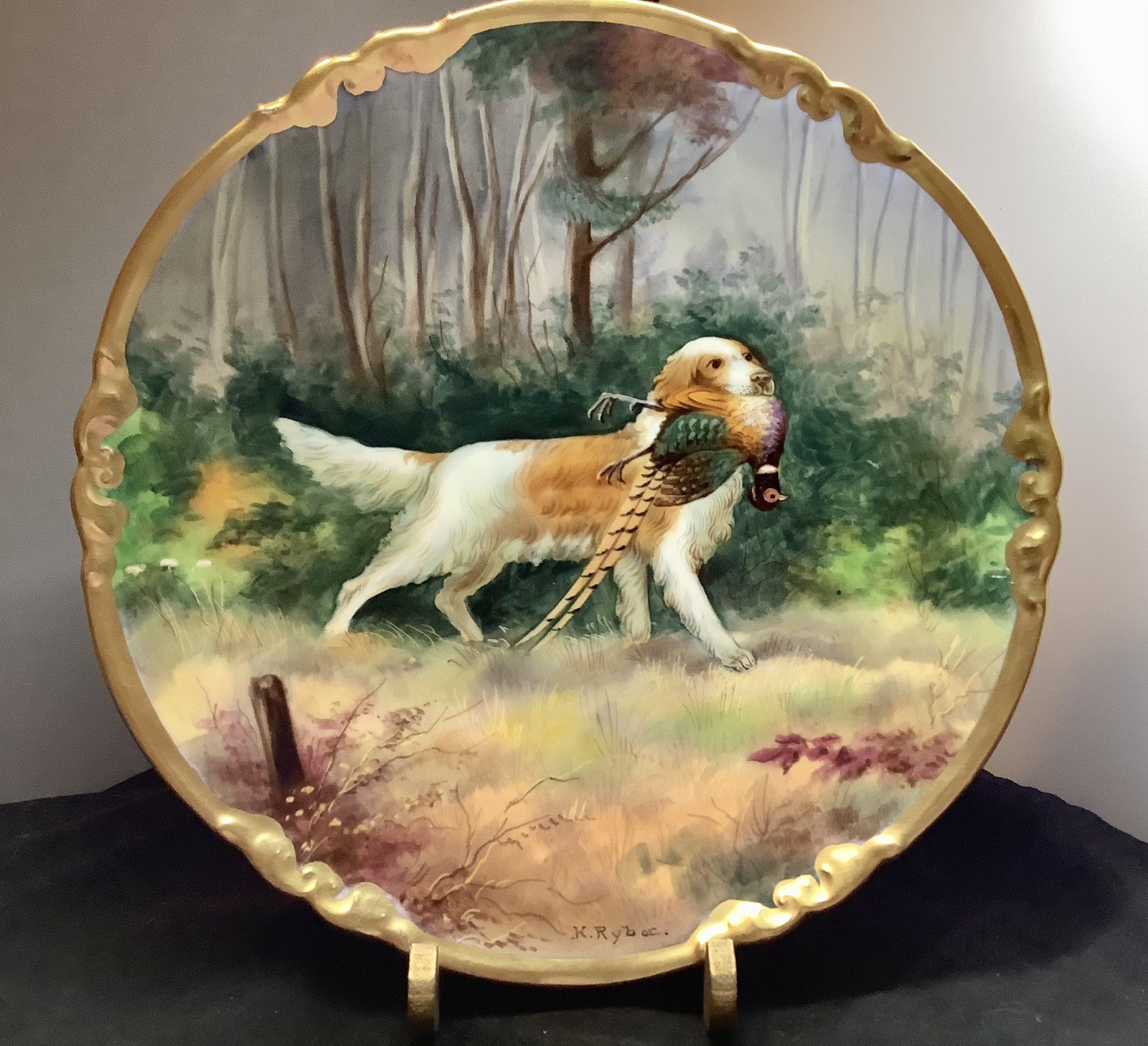 Antique AK Limoges France￼ HP Hunting Dog Stouffer Studios Plate 9 1/2 Inch