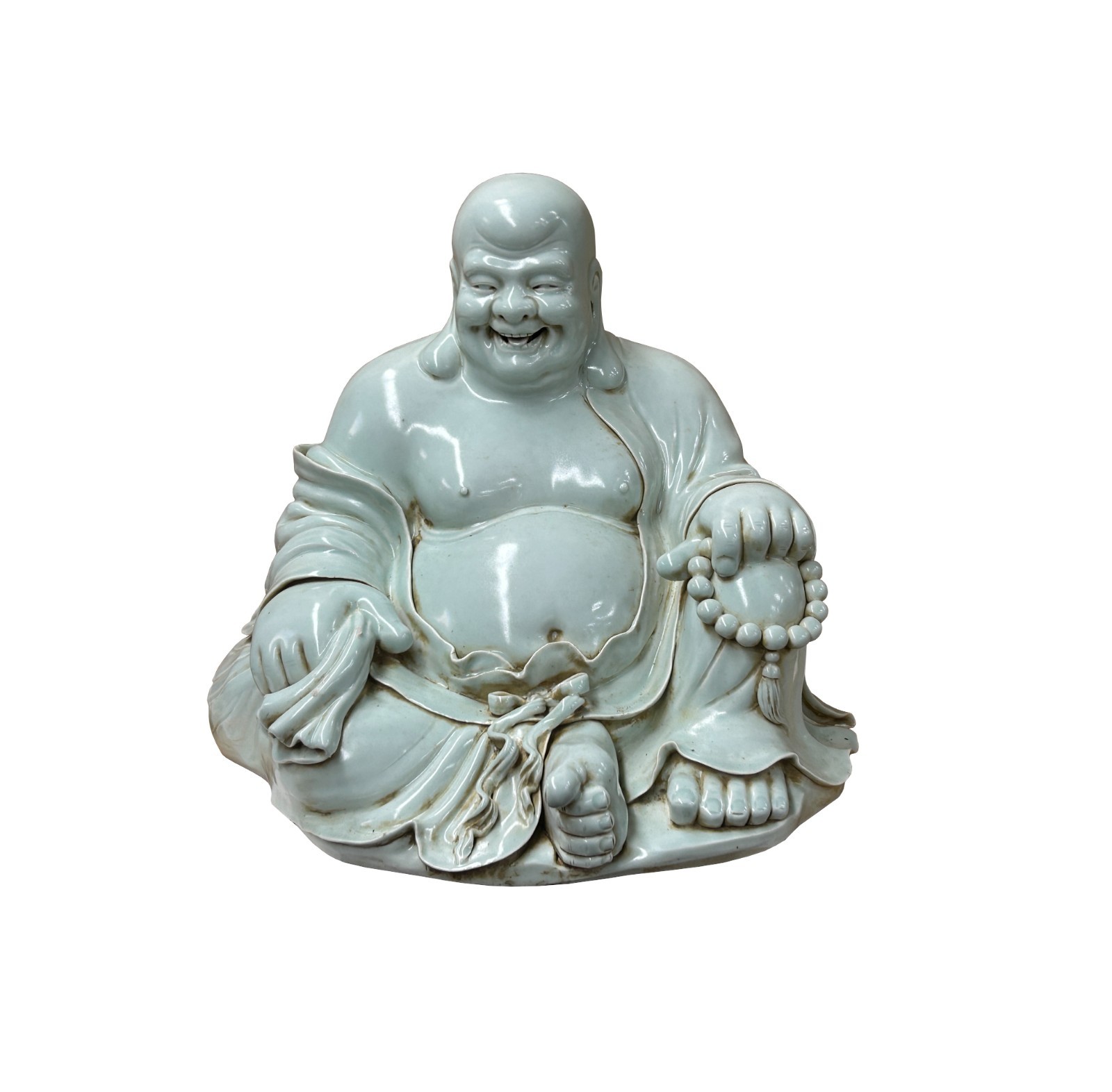 Oriental White Happy Laughing Buddha Ru Yi Praying Beads Porcelain Figure GB018