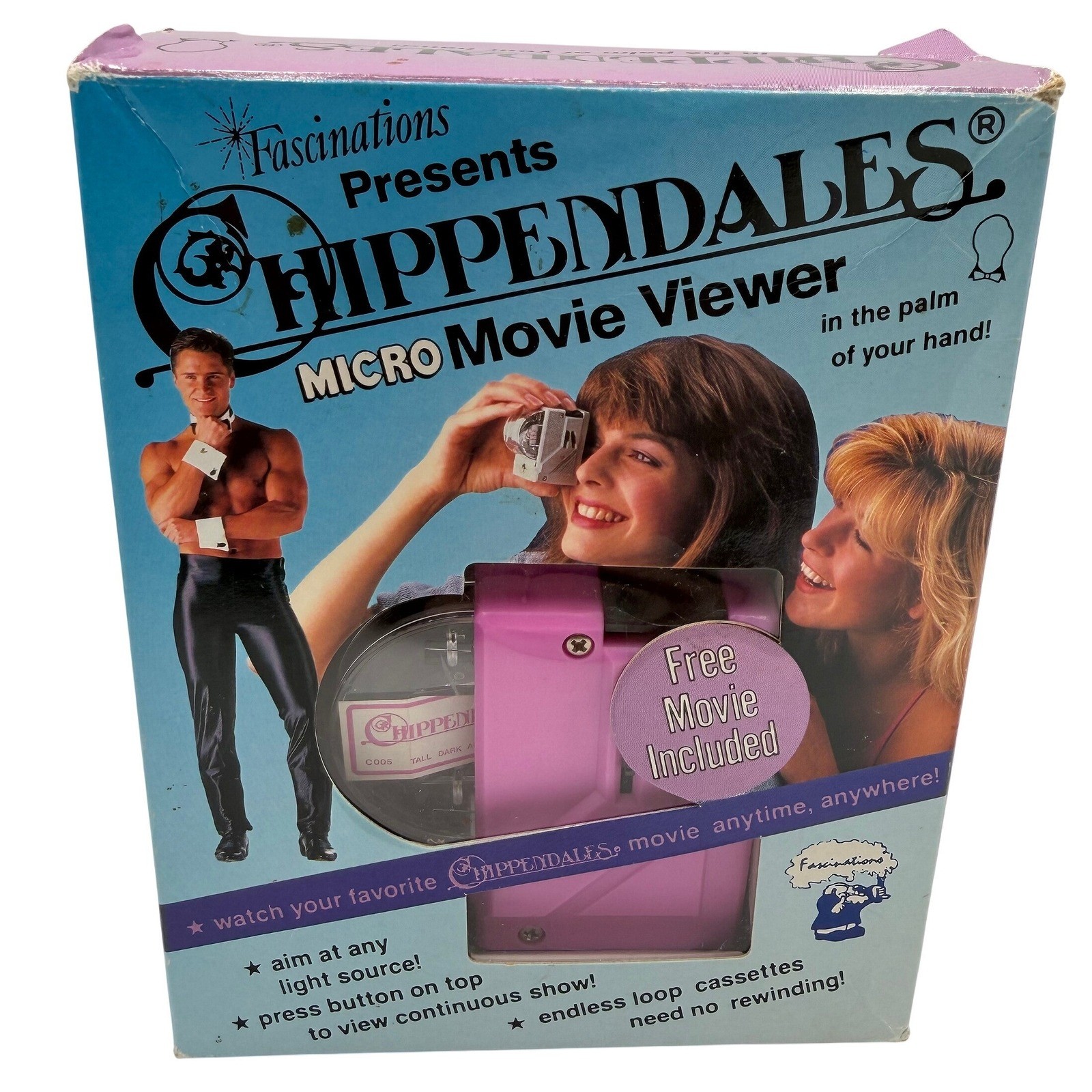 Vintage Chippendales Micro Movie Viewer Fascinations Pink Handcuff Keychain Box
