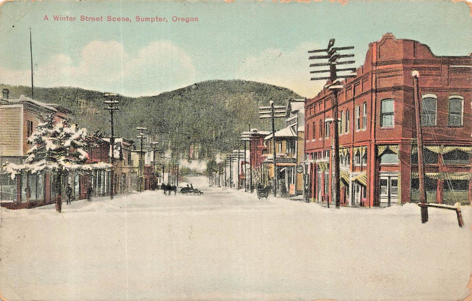 Sumpter Oregon~A Winter Street Scene~1909 Mercer Drug Tinted Photo Postcard