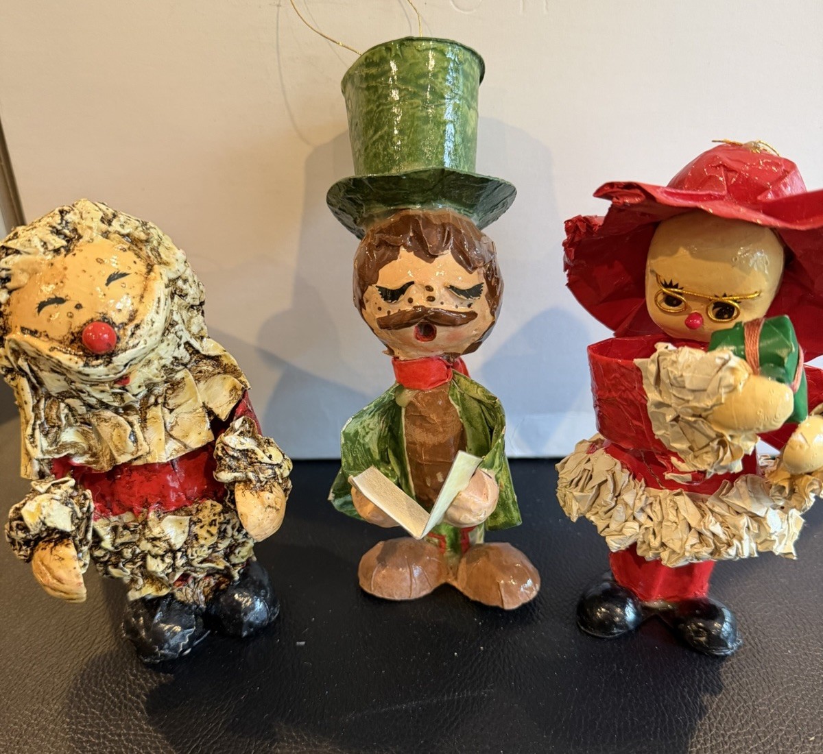 Vintage Crinkle Paper Christmas Ornaments Lot 3 Caroler Santa Elf Japan 7\