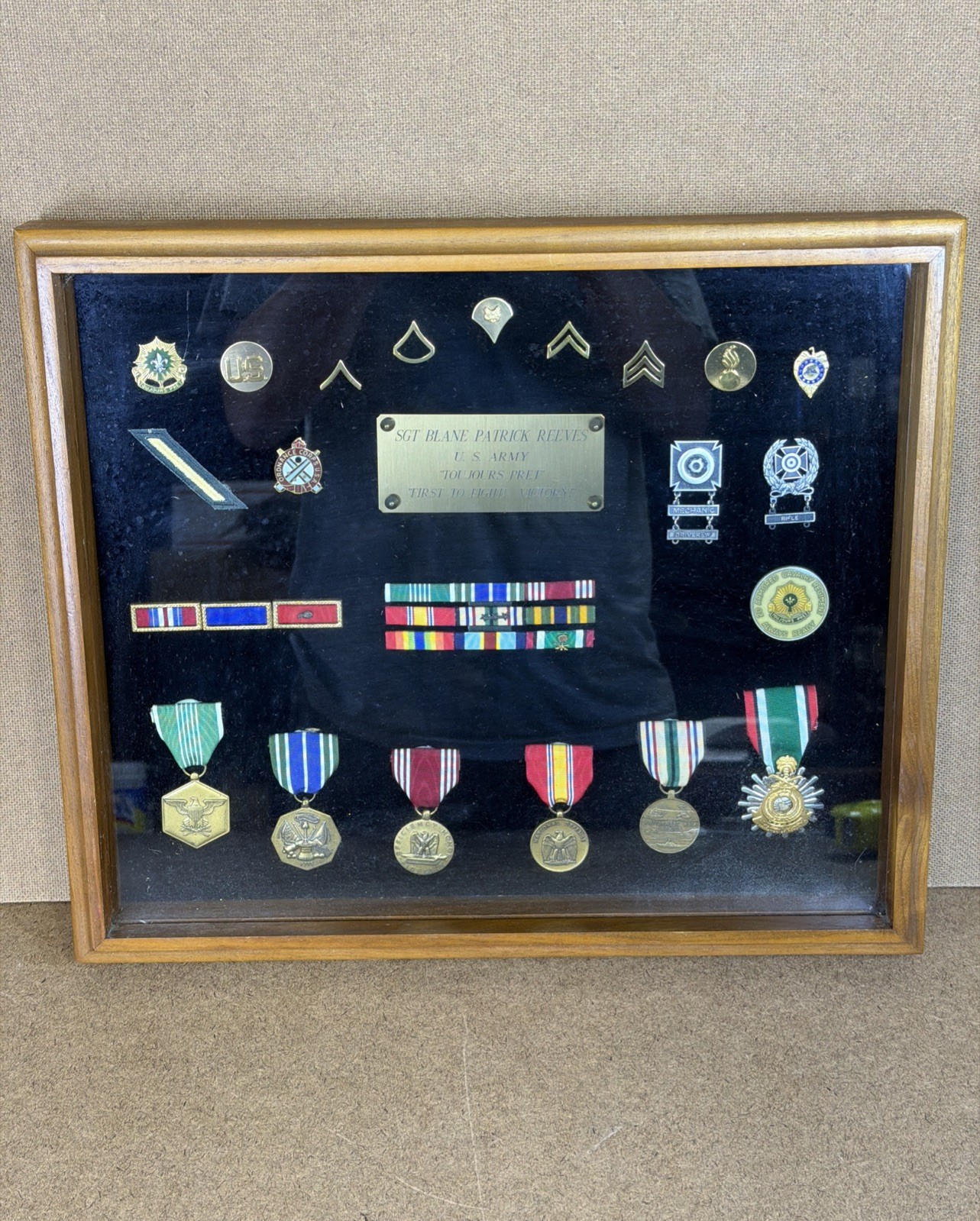 US ARMY SGT Named Medals/Ribbons Shadowbox Desert Storm/Kuwait/SW Asia 2D 17x15”