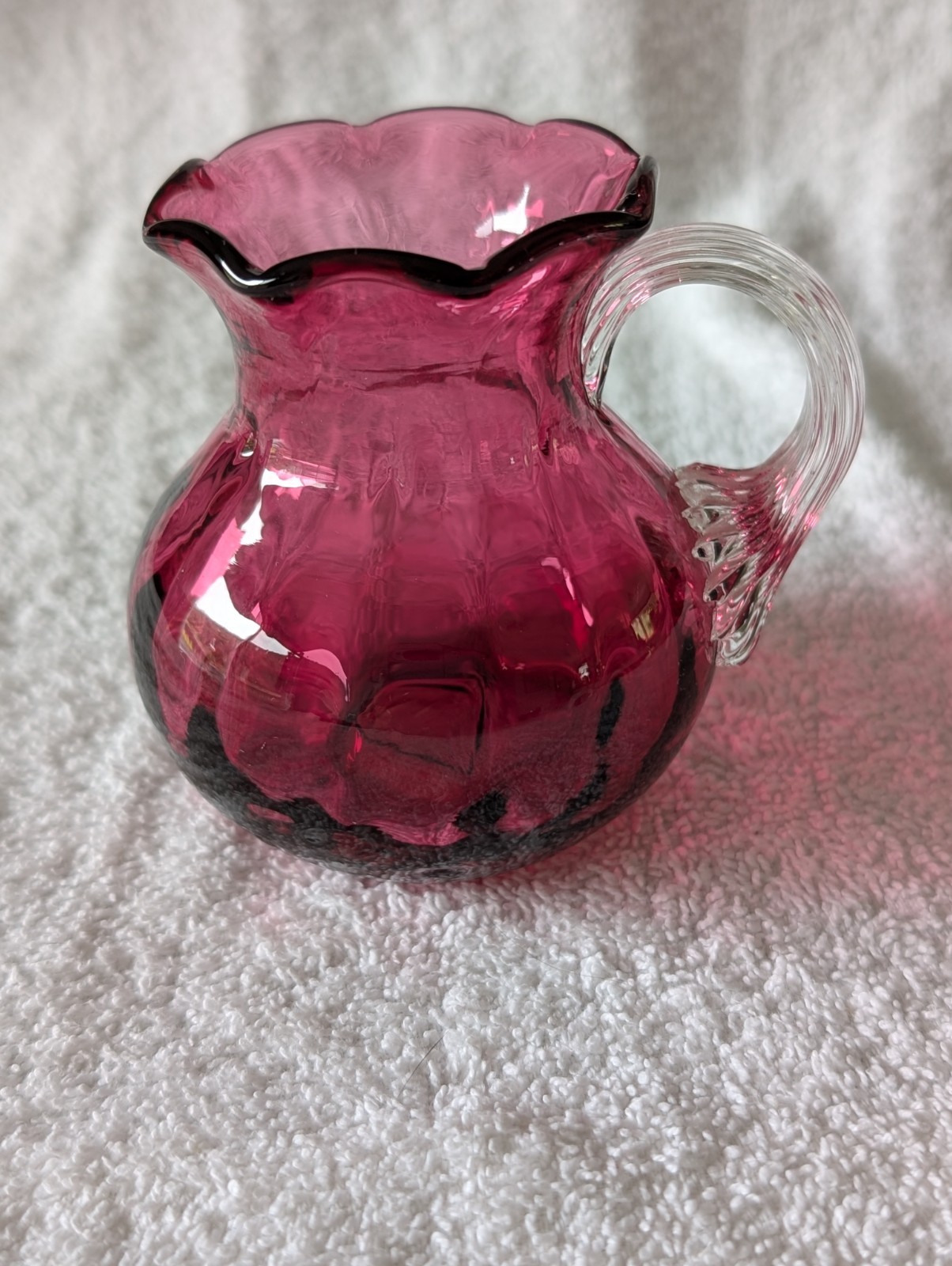 Vintage Cranberry Red Pilgrim Glass Mini Pitcher Hand Blown Clear Swirl Handle