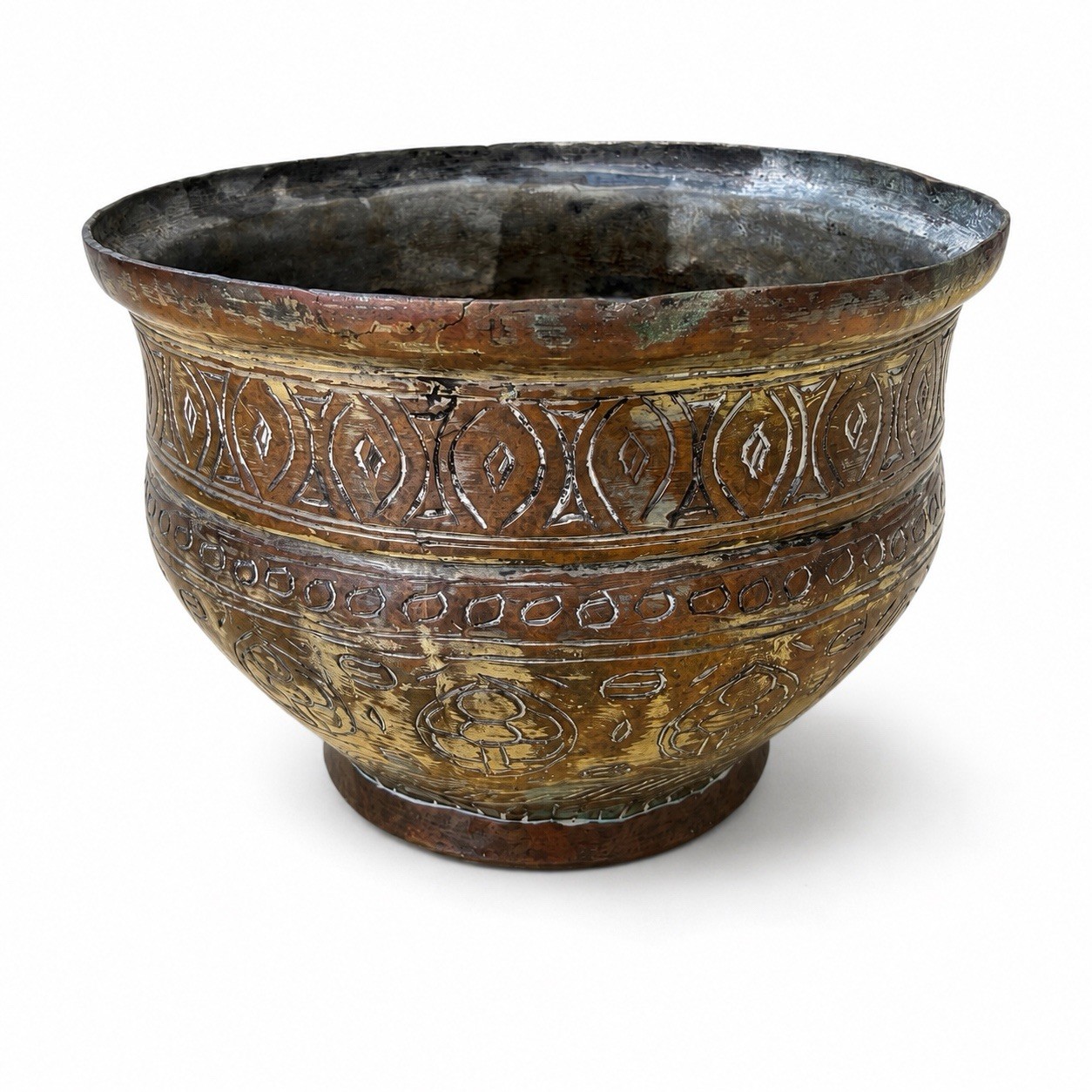 Vintage Hand-Etched Copper Brass Bowl Planter Pot Rustic Decorative Vessel 4”