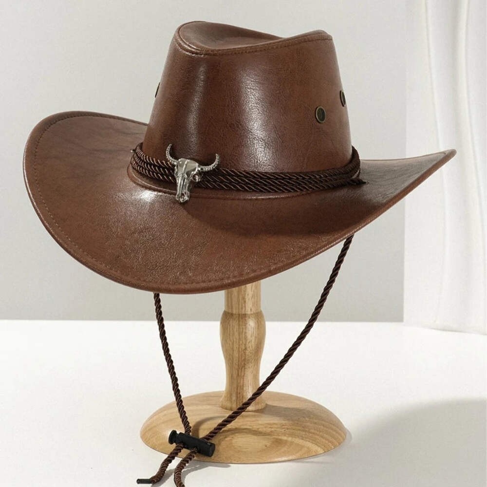 Vintage Faux Leather Western Cowboy Hat For Men Women Outdoor Gentleman Cowgirl