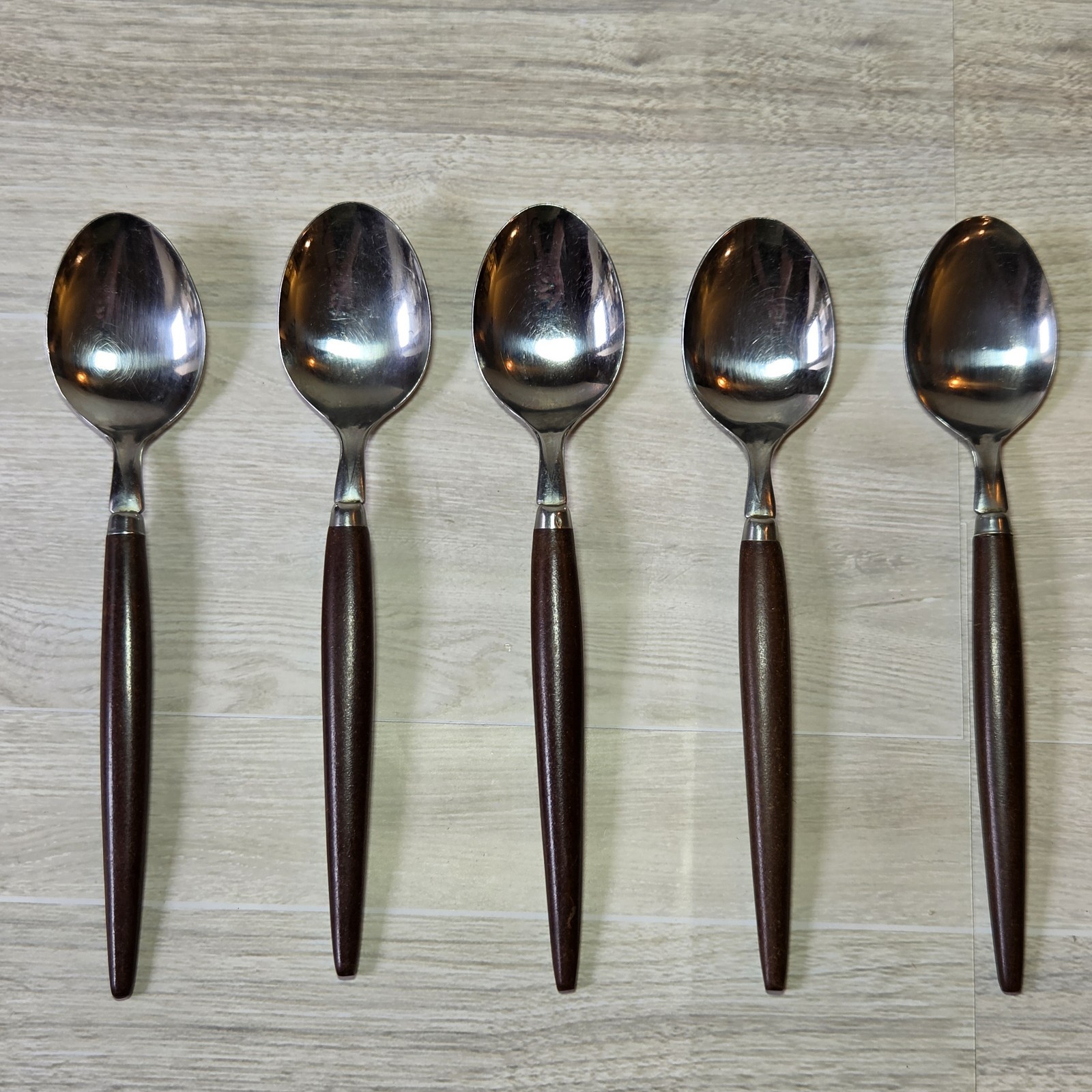 5 Teaspoons MCM Vintage Stainless Steel Japan Flatware Faux Teak Wood Handles