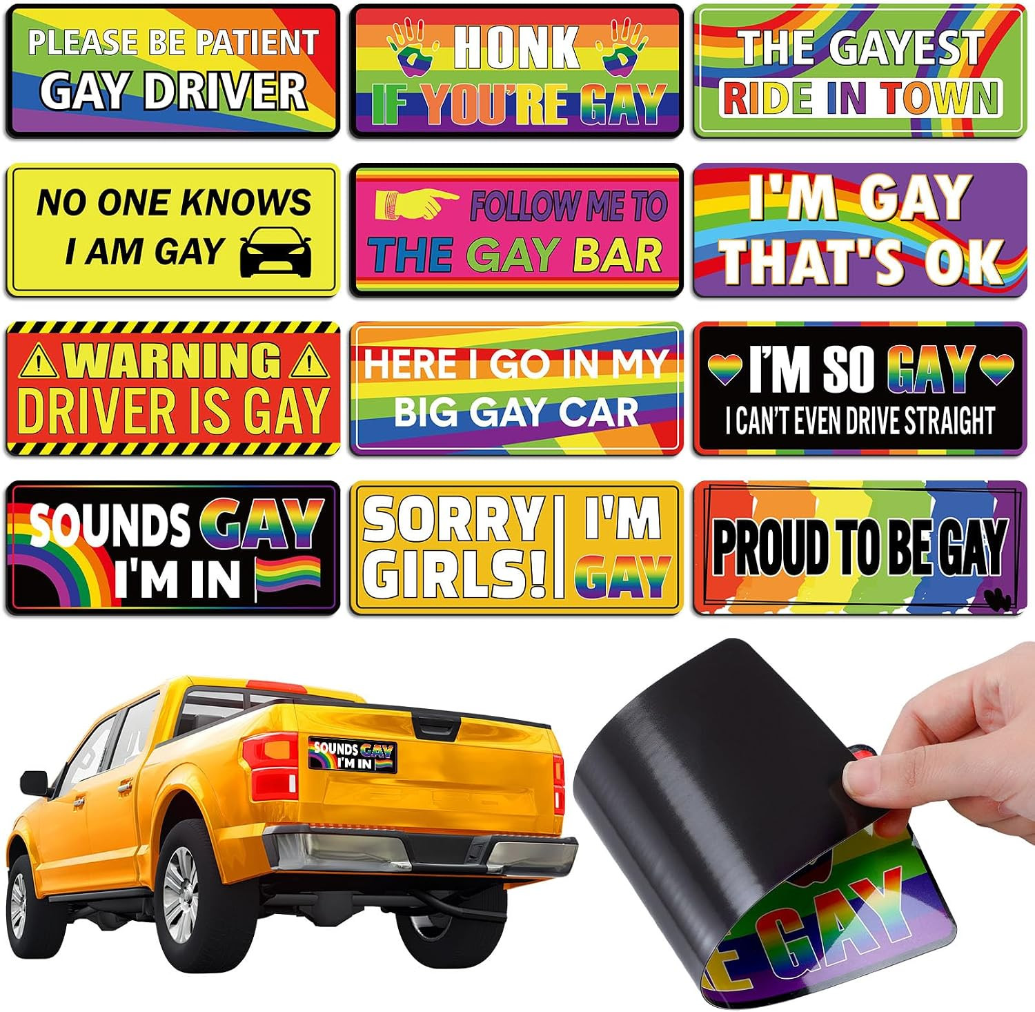 12 Pcs Gay Pride Funny Magnet Bumper Sticker LGBT Rainbow Pride Prank Magnetic
