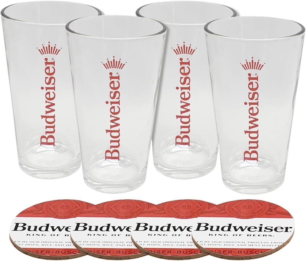 Set of 4 Budweiser 16oz Pint Glasses with Coasters - Beer Glasses