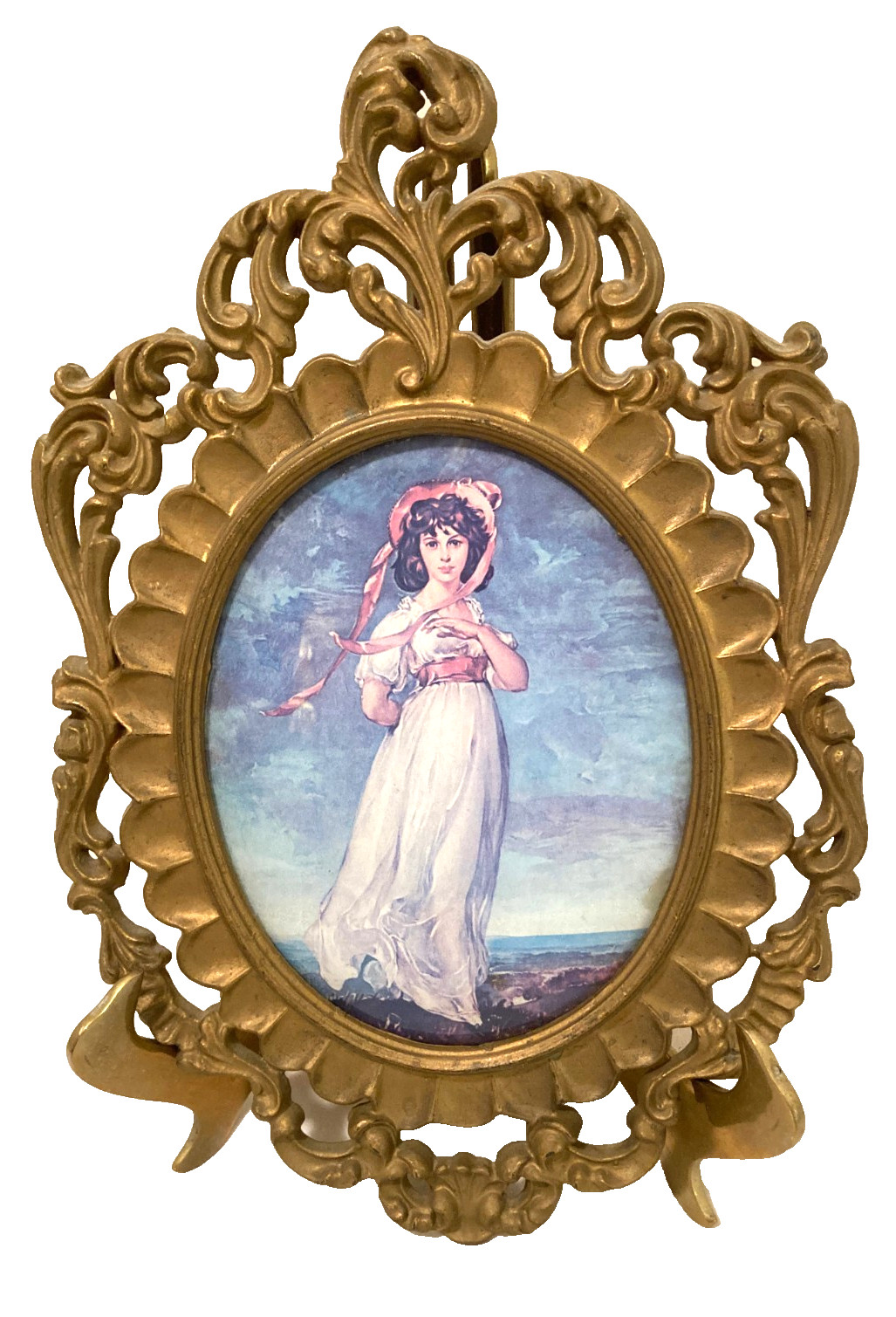 Vtg Pinkie Girl Ornate Plastic Gold Frame Convex Glass Italy Mod Depose 10.75x7\