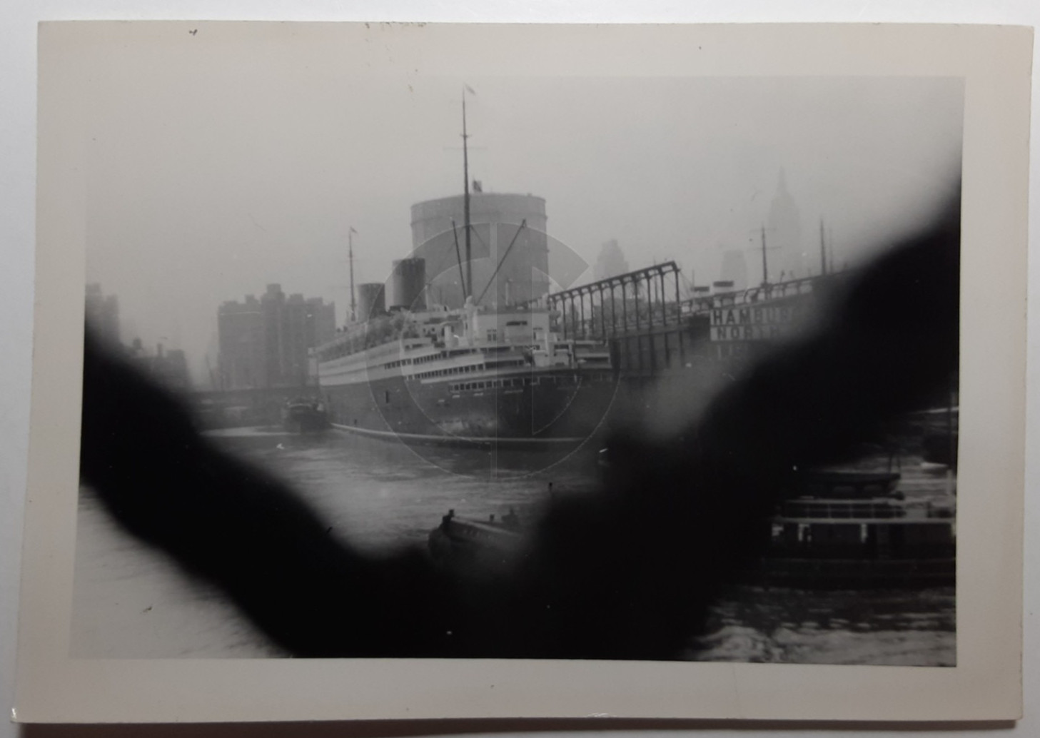 Ship at New York Harbor Dock, SS Bremen?: 1930\'s Snapshot Photo