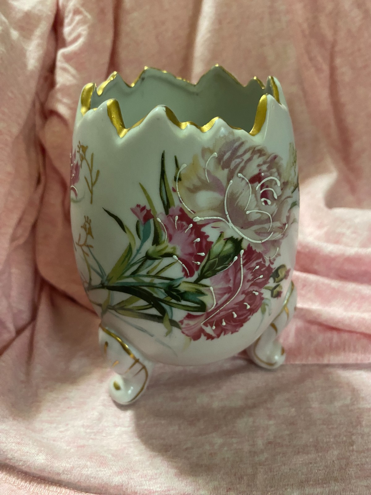 Vintage  Pink With Florals Cracked Egg Vase with Handpainted Details