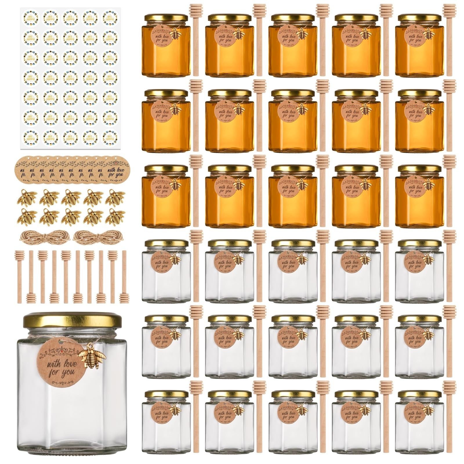 6 oz Honey Jars with Dipper, 30 Pack Hexagon Honey Jar for Baby Shower, Empty...