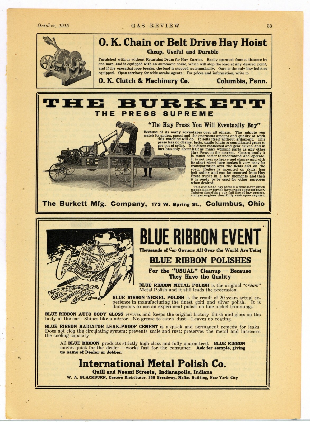 1915 Burkett Hay Press Ad: \