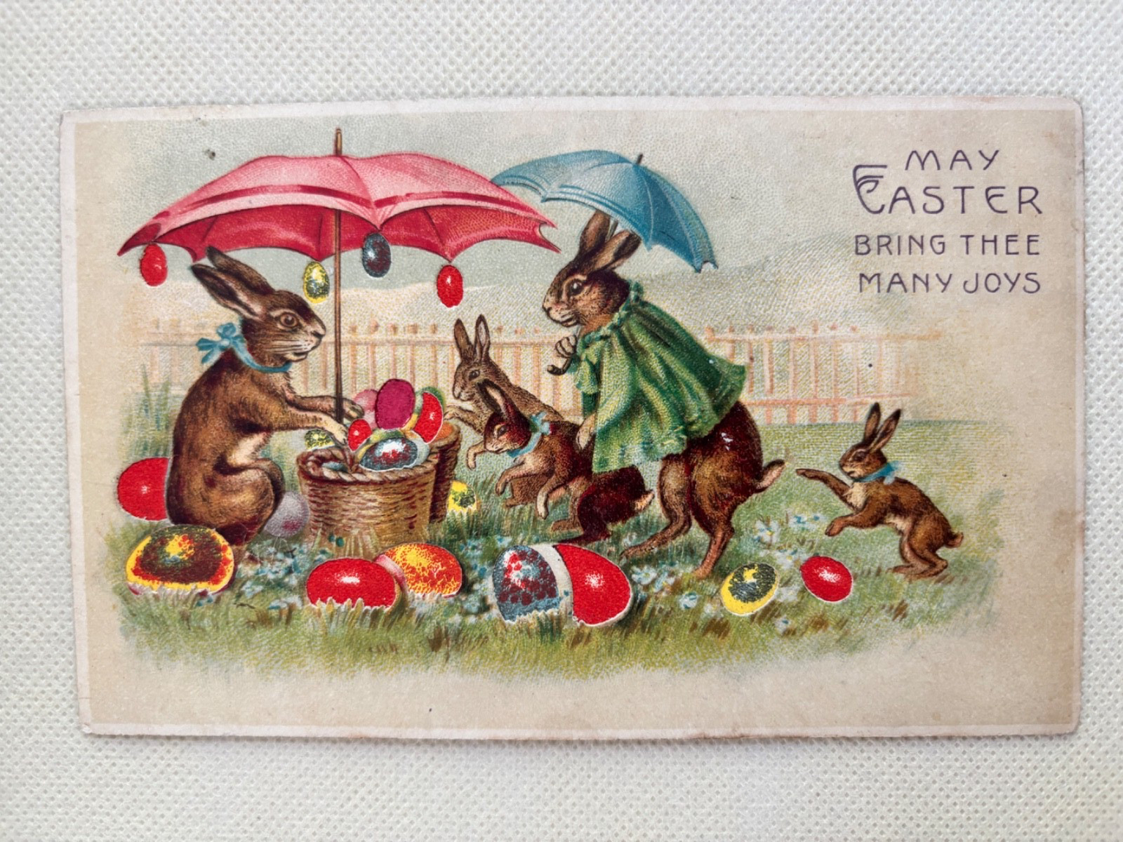 Easter Hold to Light Dressed Rabbits Umbrellas Eggs Antique Postcard HTL 1917