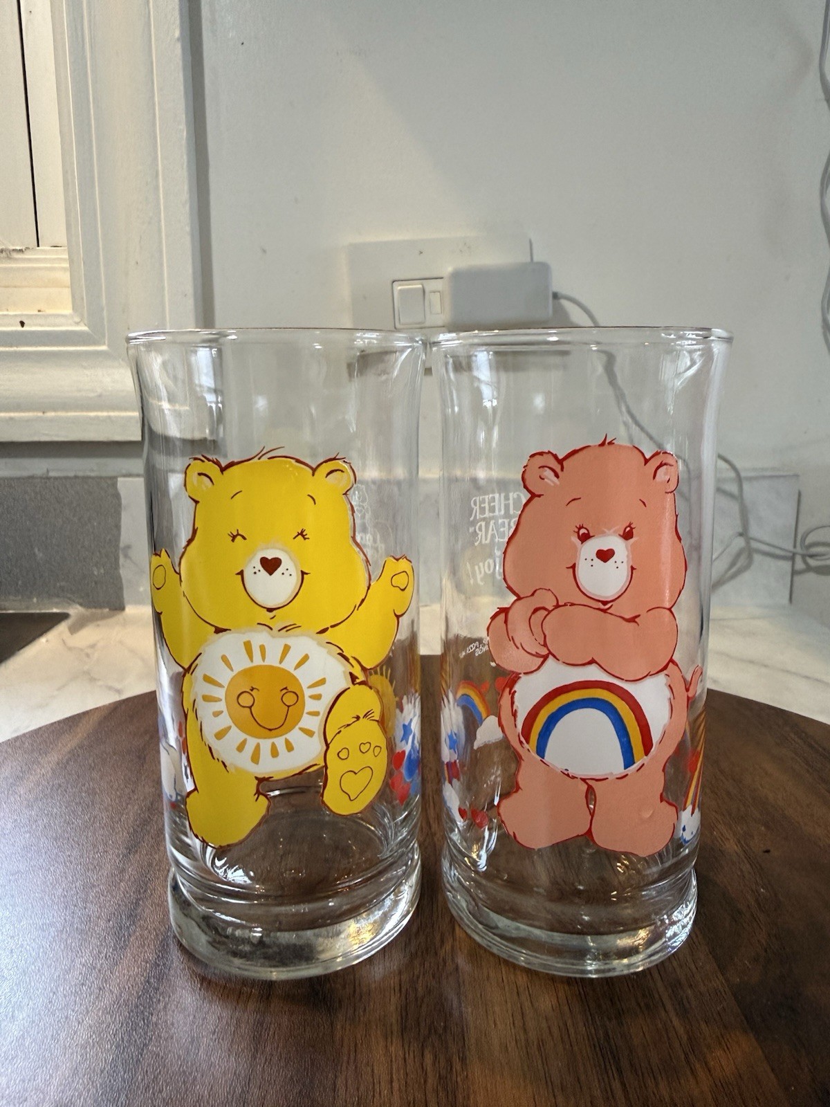 Care Bears Pizza Hut Drink Glasses Vintage 1983 Promo Funshine Bear/Cheer Bear