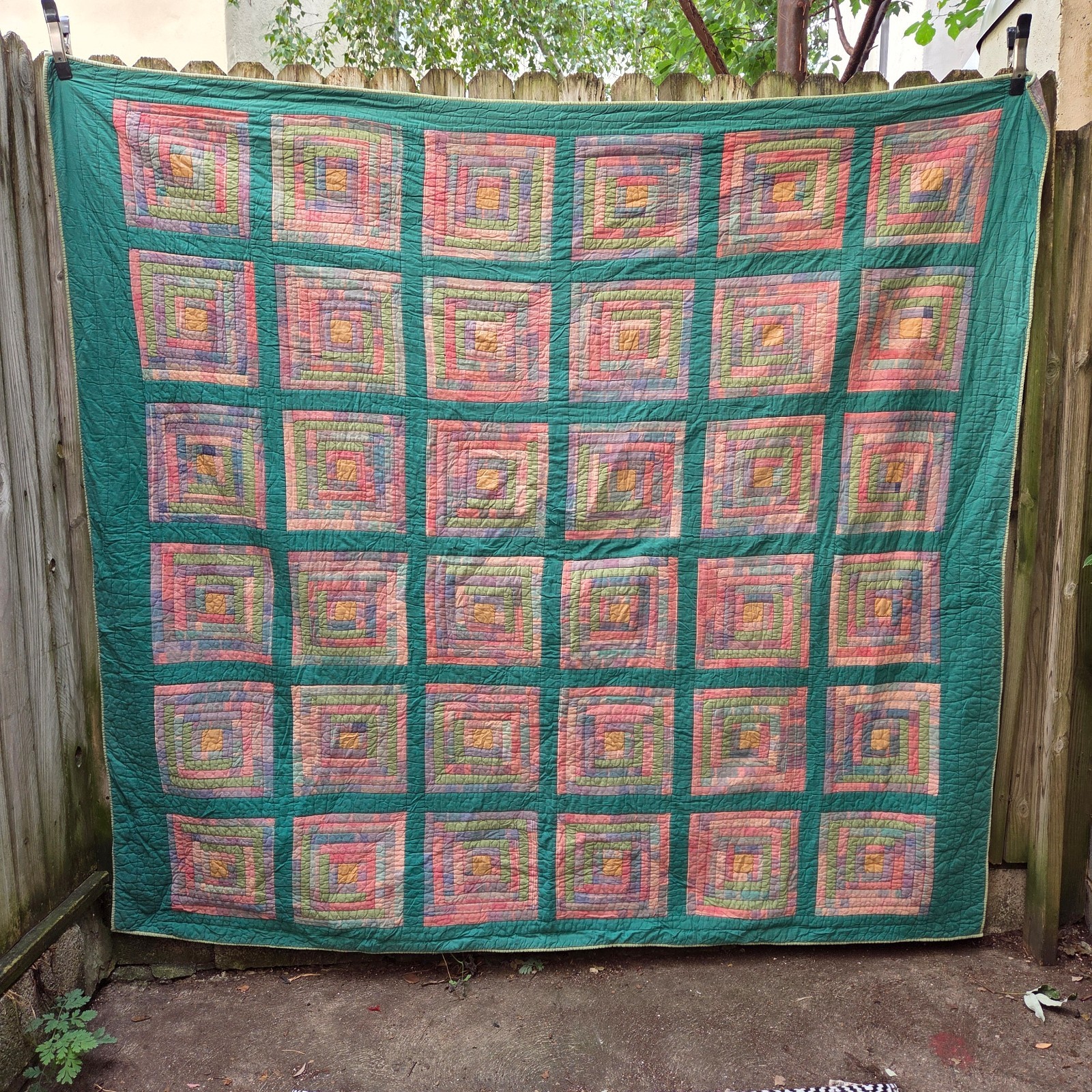 Vintage Impressions Quilt Green Square Patchwork Plaid Handmade Granny 82x76\