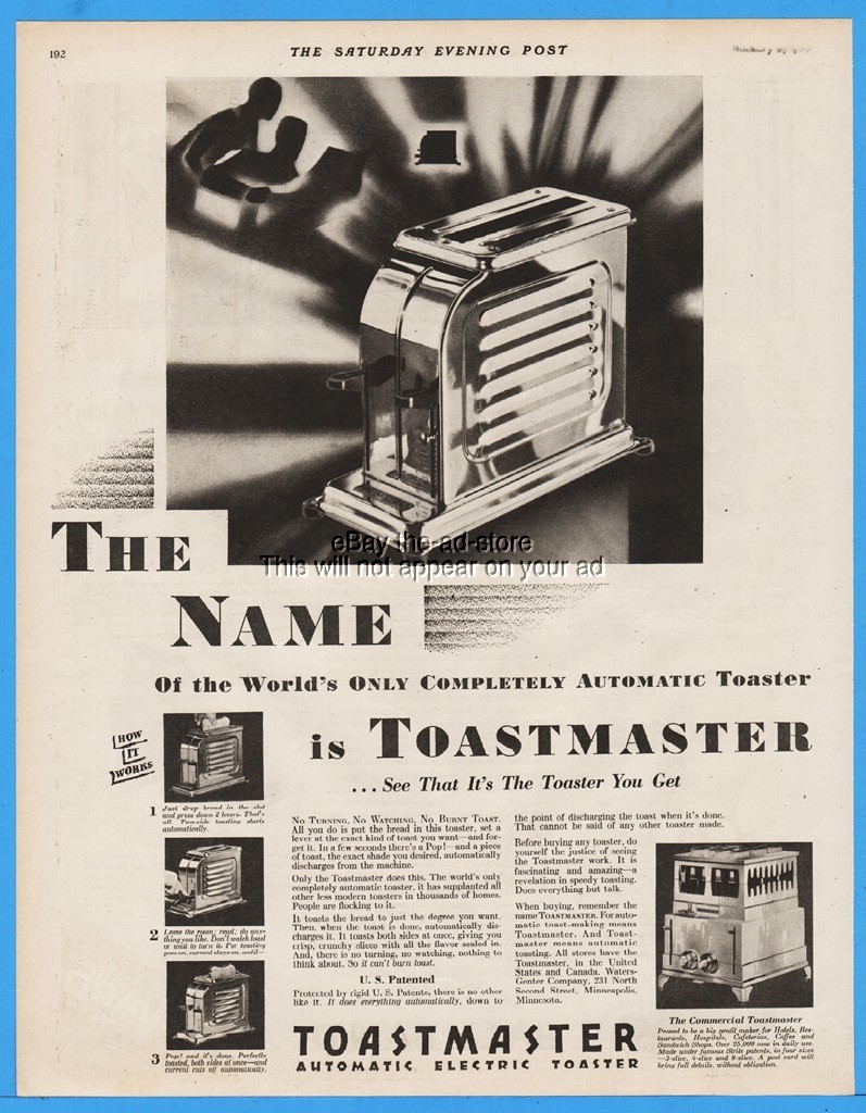 1929 Toastmaster Toaster Pops Up Waters Genter Minneapolis Automatic Ad