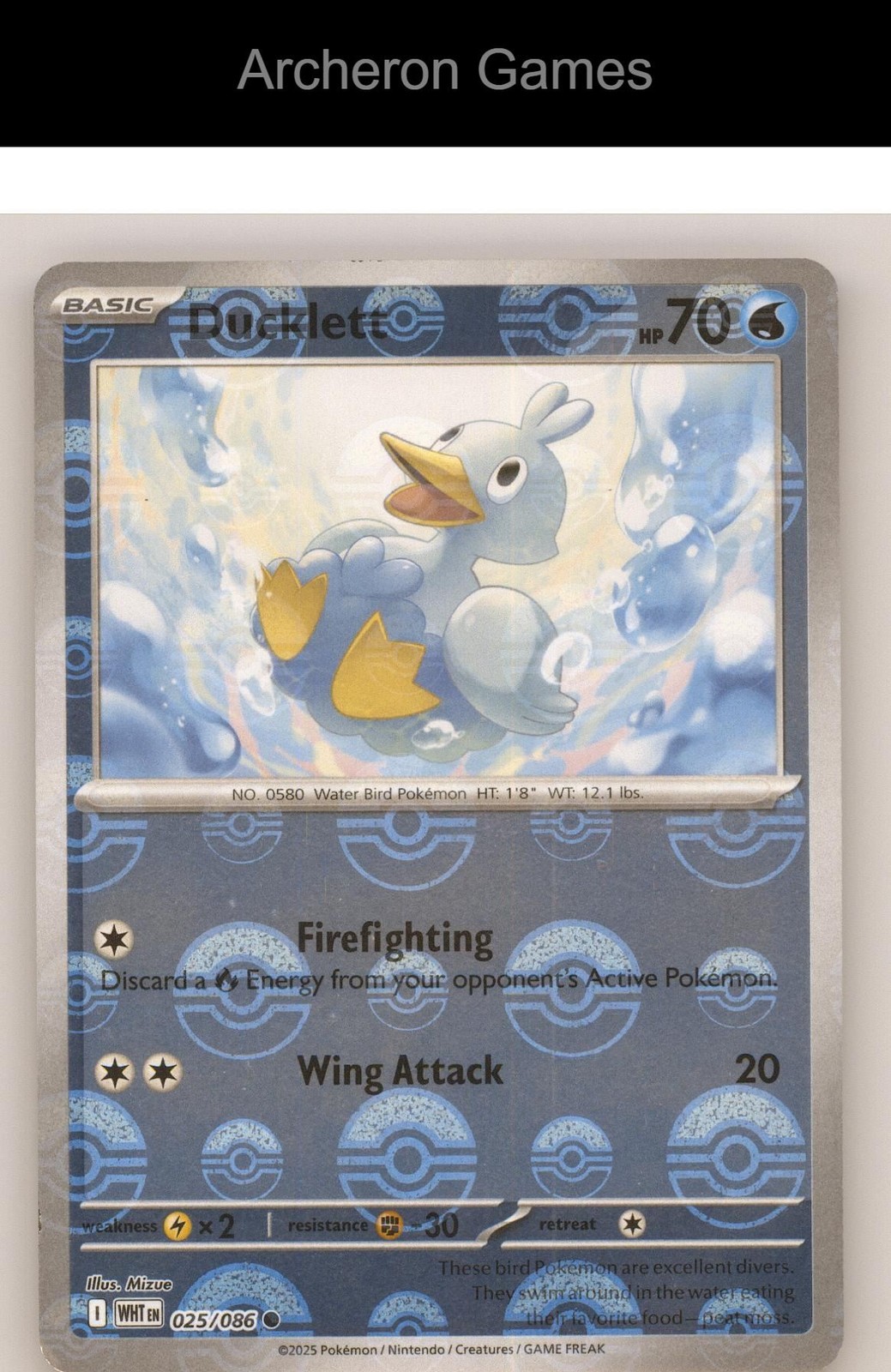 Pokemon Card Ducklett (Master Ball Pattern) WHT 025/086 C White Flare Holo Pokemon Card Ducklett (Master Ball Pattern) WHT 025/086 C White Flare Holo
