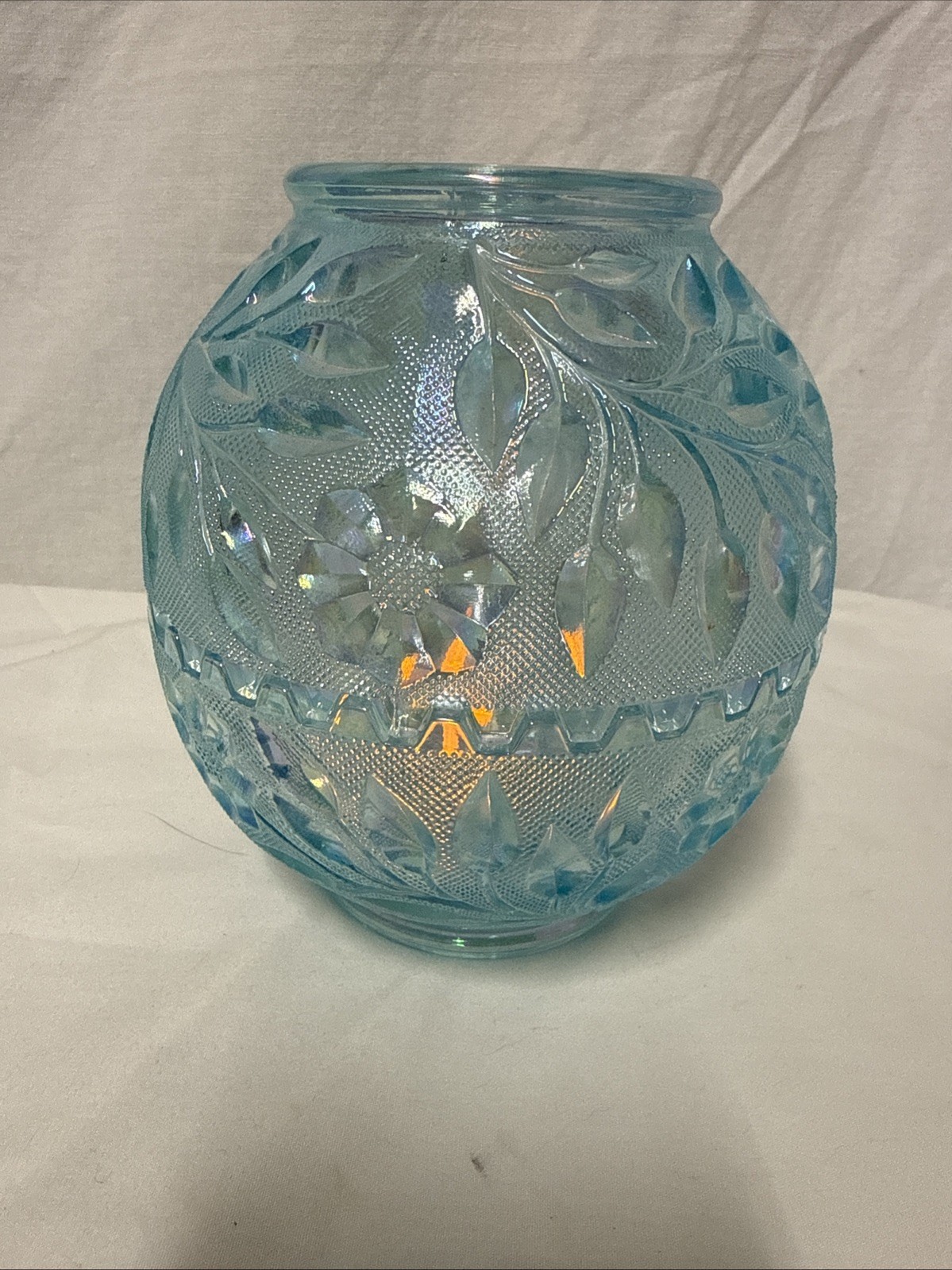 Vtg Westmoreland Fairy Lamp Ice Blue Wildflower Lace Glass Candle Light 2 Chips