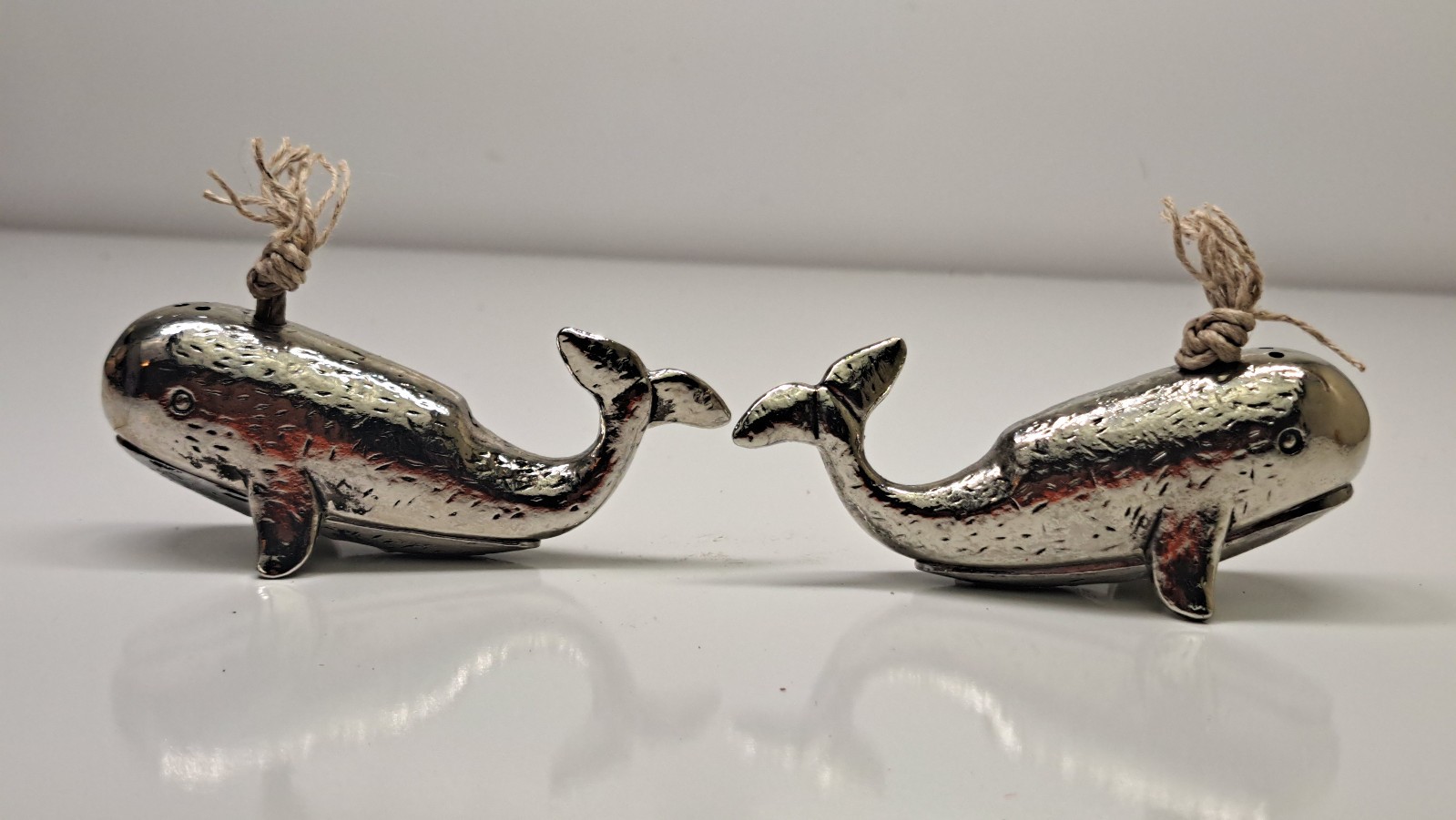 Metal Spouting Whale Salt and Pepper Shaker Set 3.5 Inch Silver Tone