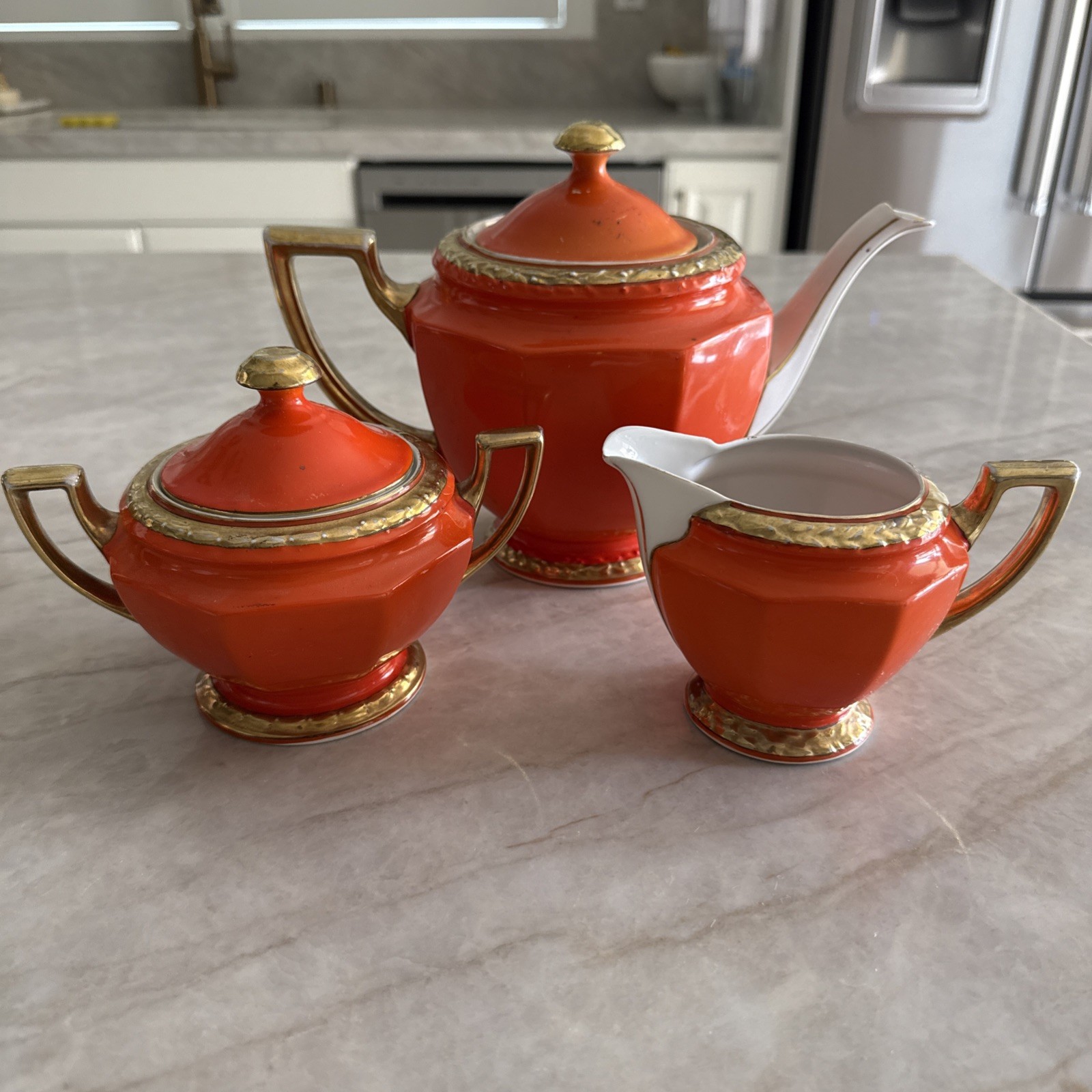 Vintage Czechoslovakia Art Deco Orange Gold Tea Set Teapot Sugar Creamer