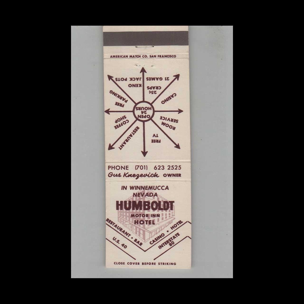 Matchbook Cover Humboldt Motor Inn Hotel Winnemucca NV #2