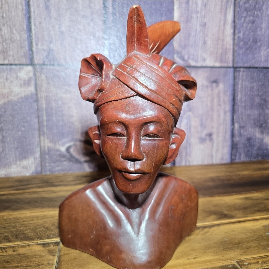 Antique carved balinese Indonesian Bali woman lady bust wood carving sculpture .