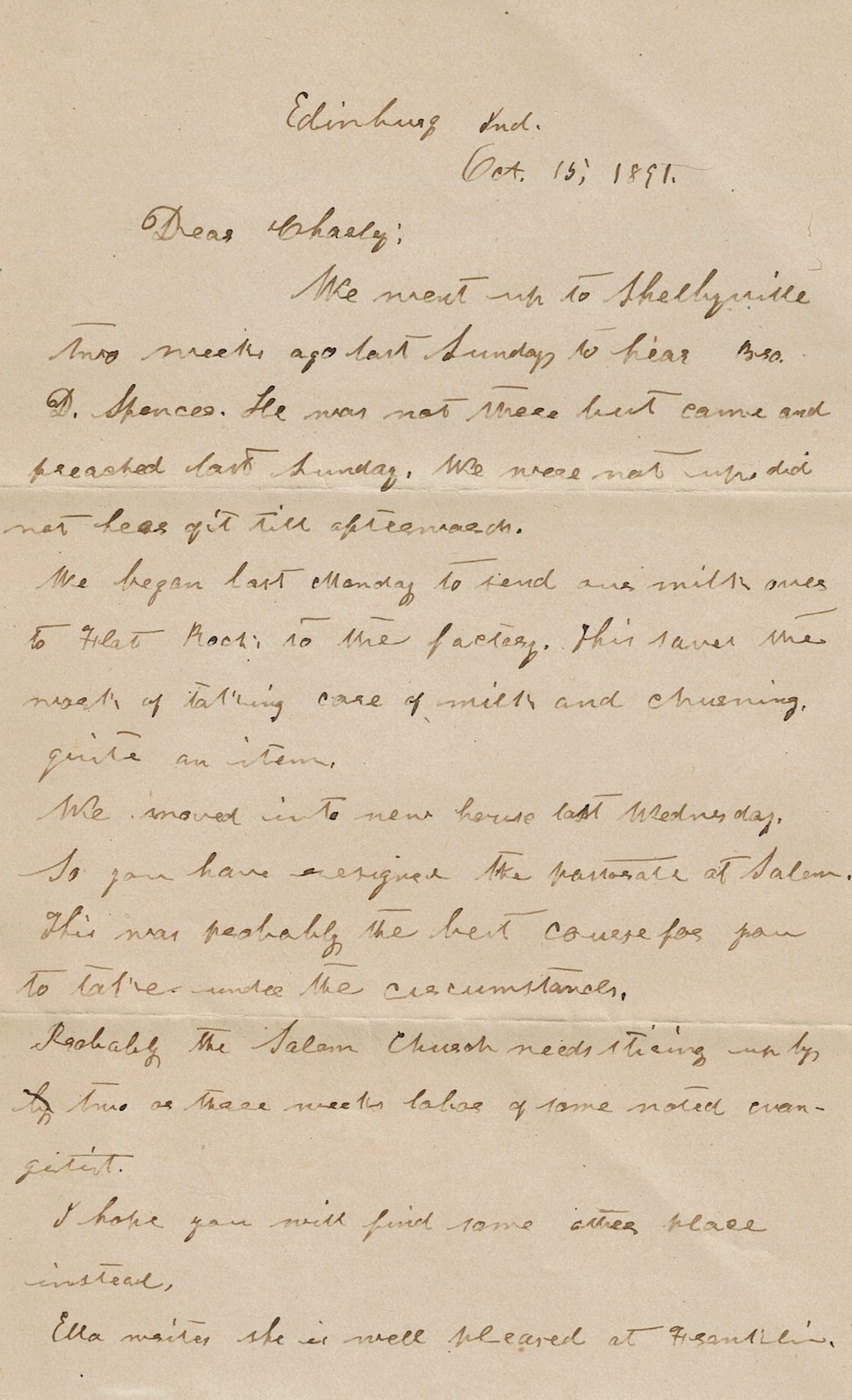 1891 Letter from Edinburg[h], IN to Salem, IN