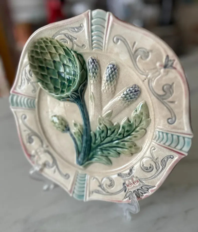 French Antique Artichoke or Asparagus Plate in Majolica