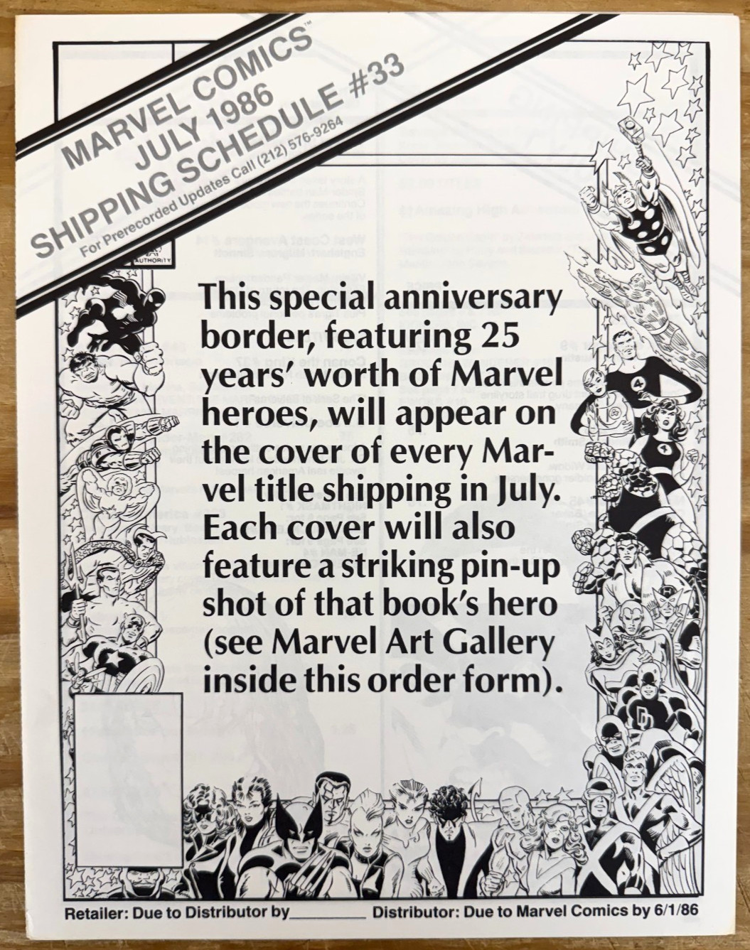 July 1986 Marvel Comics Shipping Schedule #33 Rare