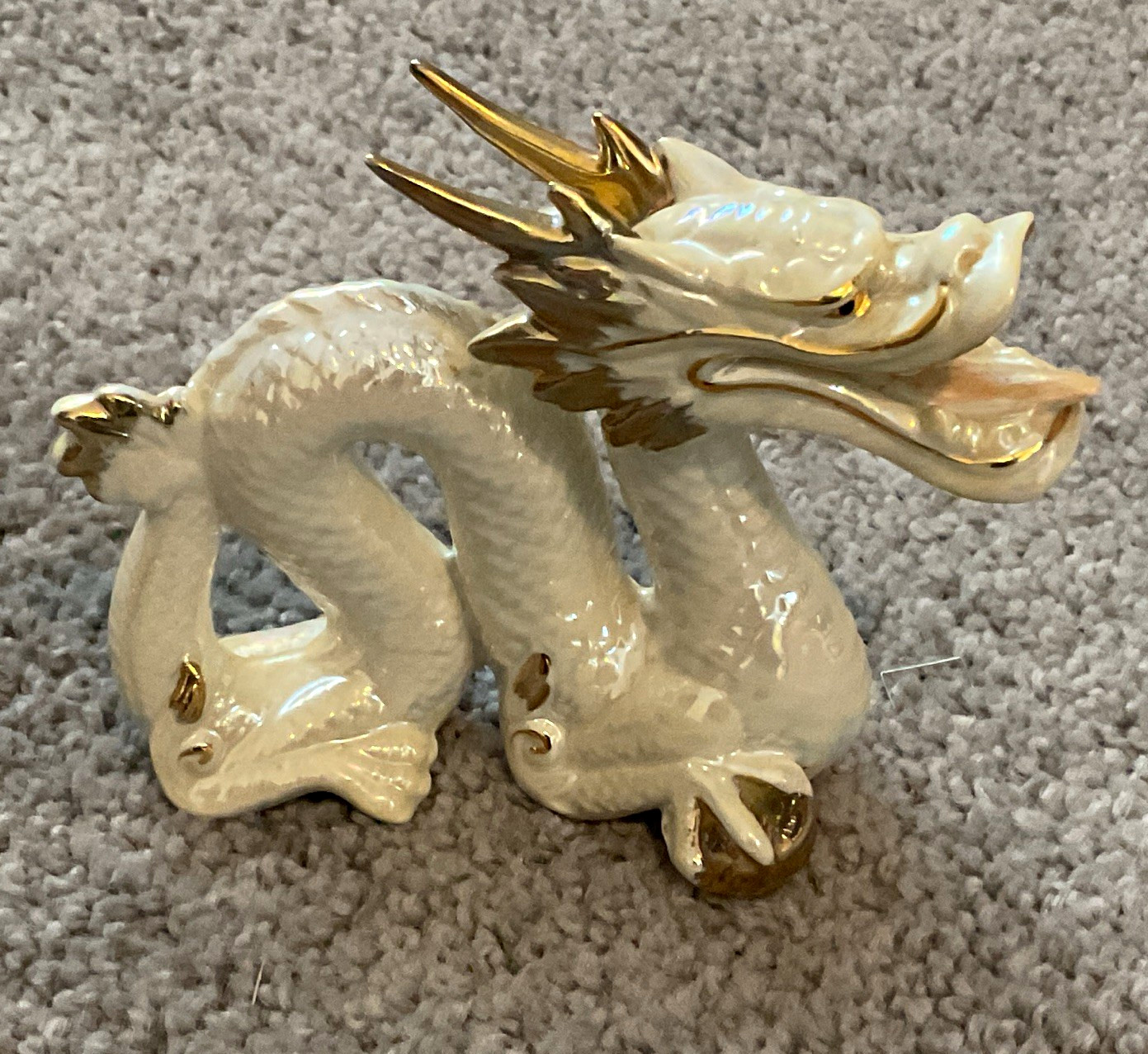 Vintage Japanese White Iridescent Dragon Figurine Statue w/ Gold Accents