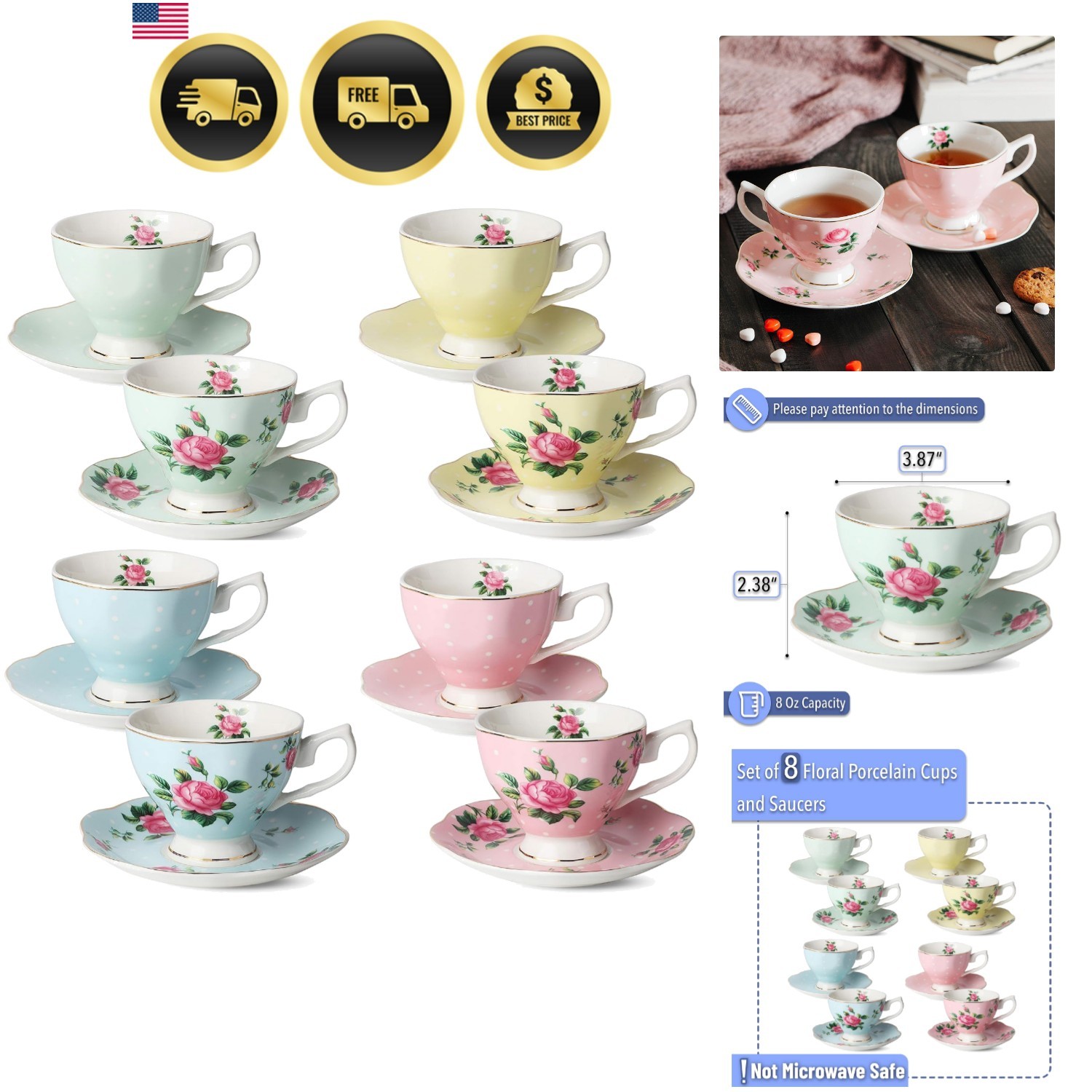 BTaT- Floral Tea Cups and Saucers, Set of 8, 8 oz, Fine Porcelain Teacup Set ...