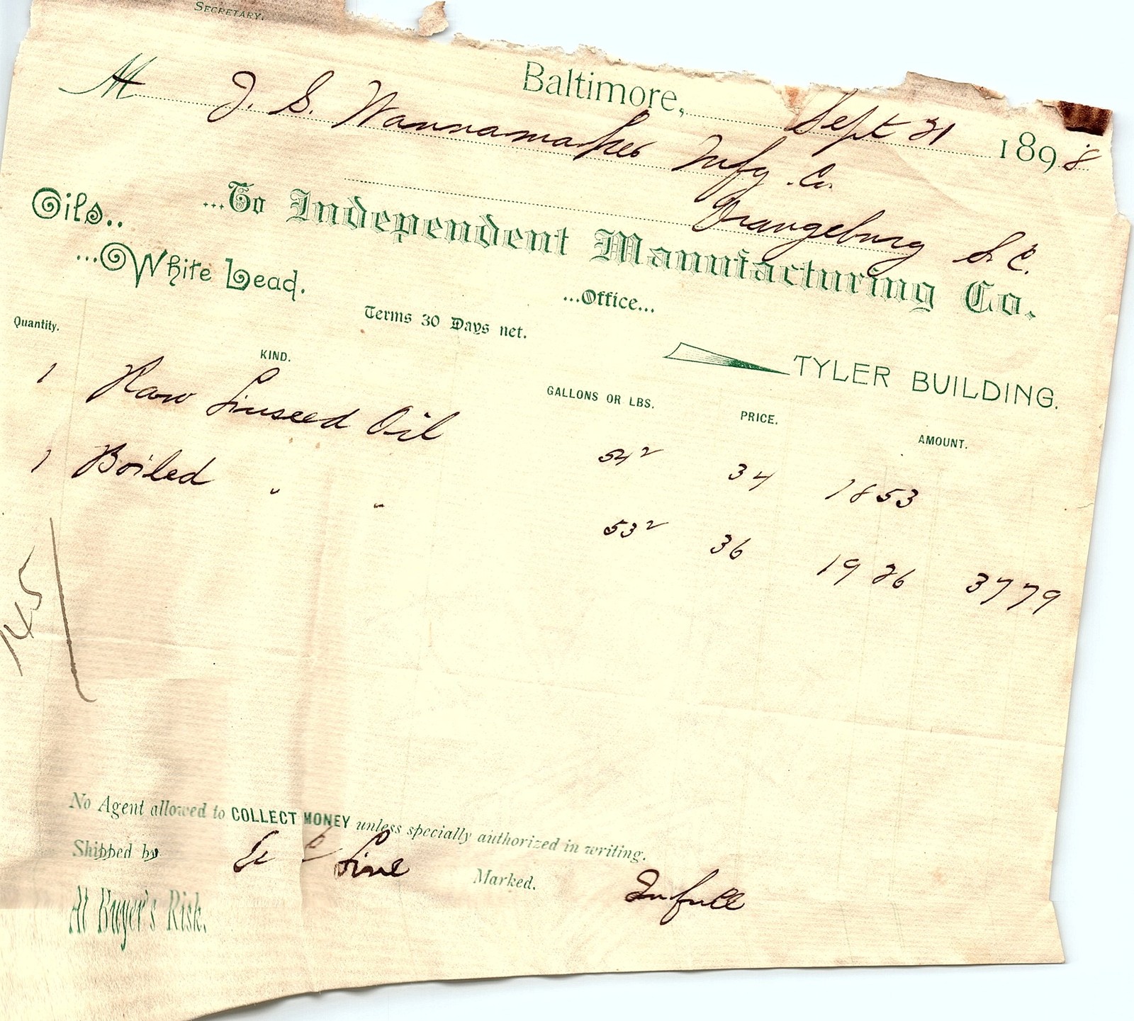 1898 Independent Mfg. Co. to Wanamaker billhead 1898 Independent Mfg. Co. to Wanamaker billhead