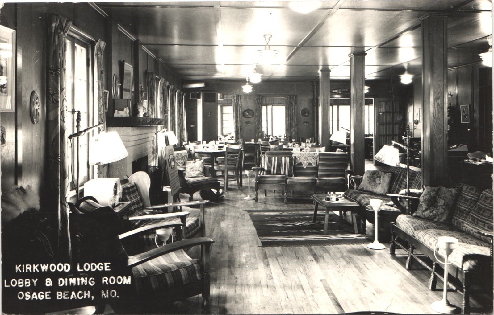 KIRKWOOD LODGE LOBBY osage beach mo 1949 postcard missouri real photo rppc hotel