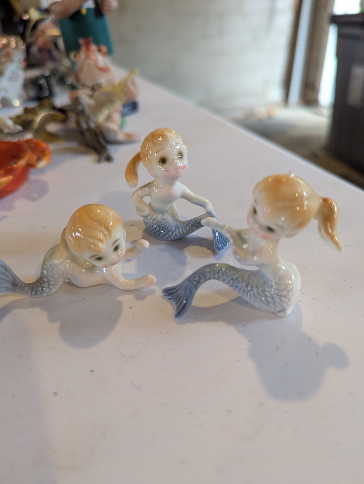 Vintage Mermaid Girl Figurines with Blue Tailfin