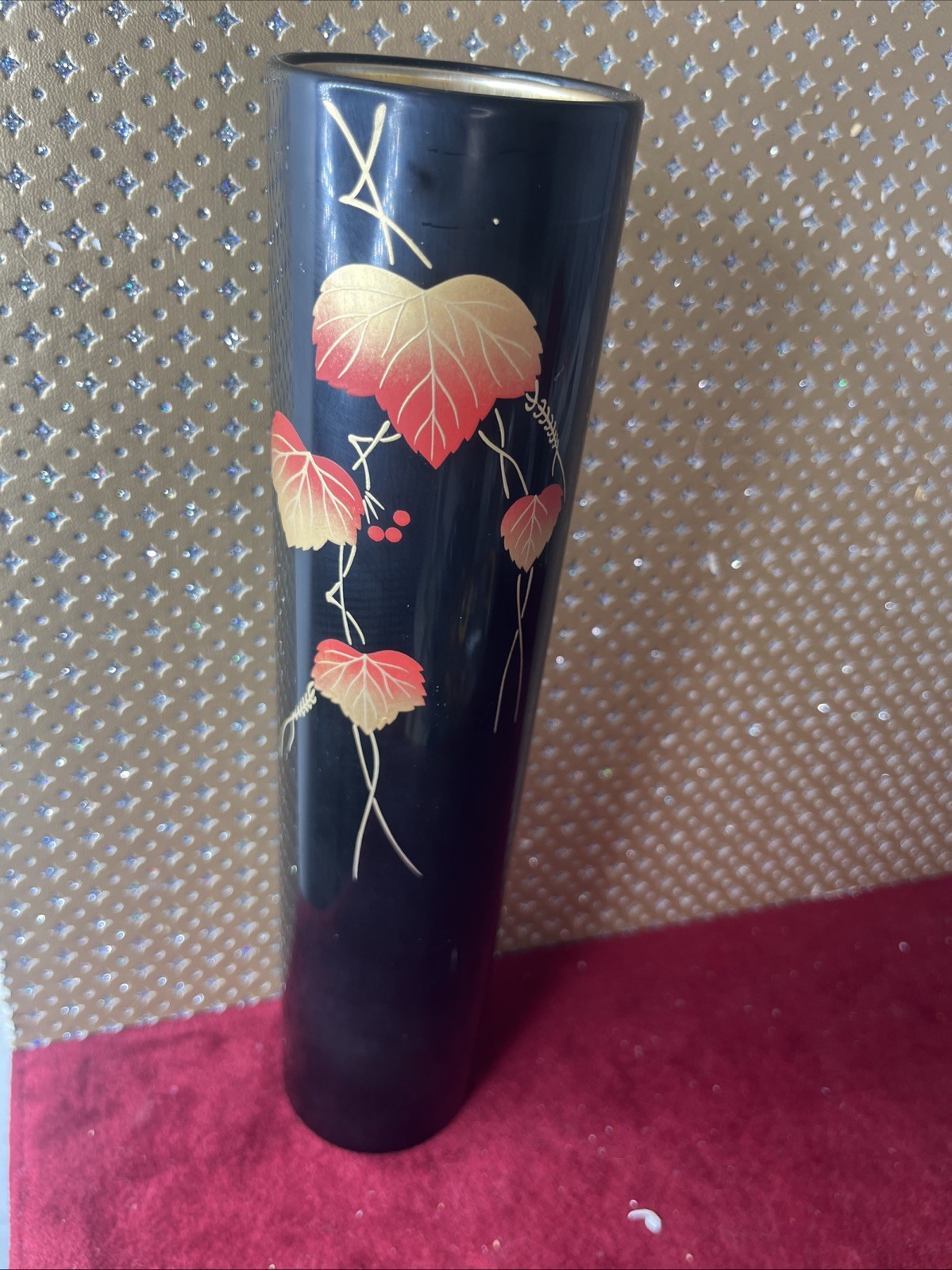 Japanese Wajima Black Lacquer Vase Leaves 10” Japanese Wajima Black Lacquer Vase Leaves 10”
