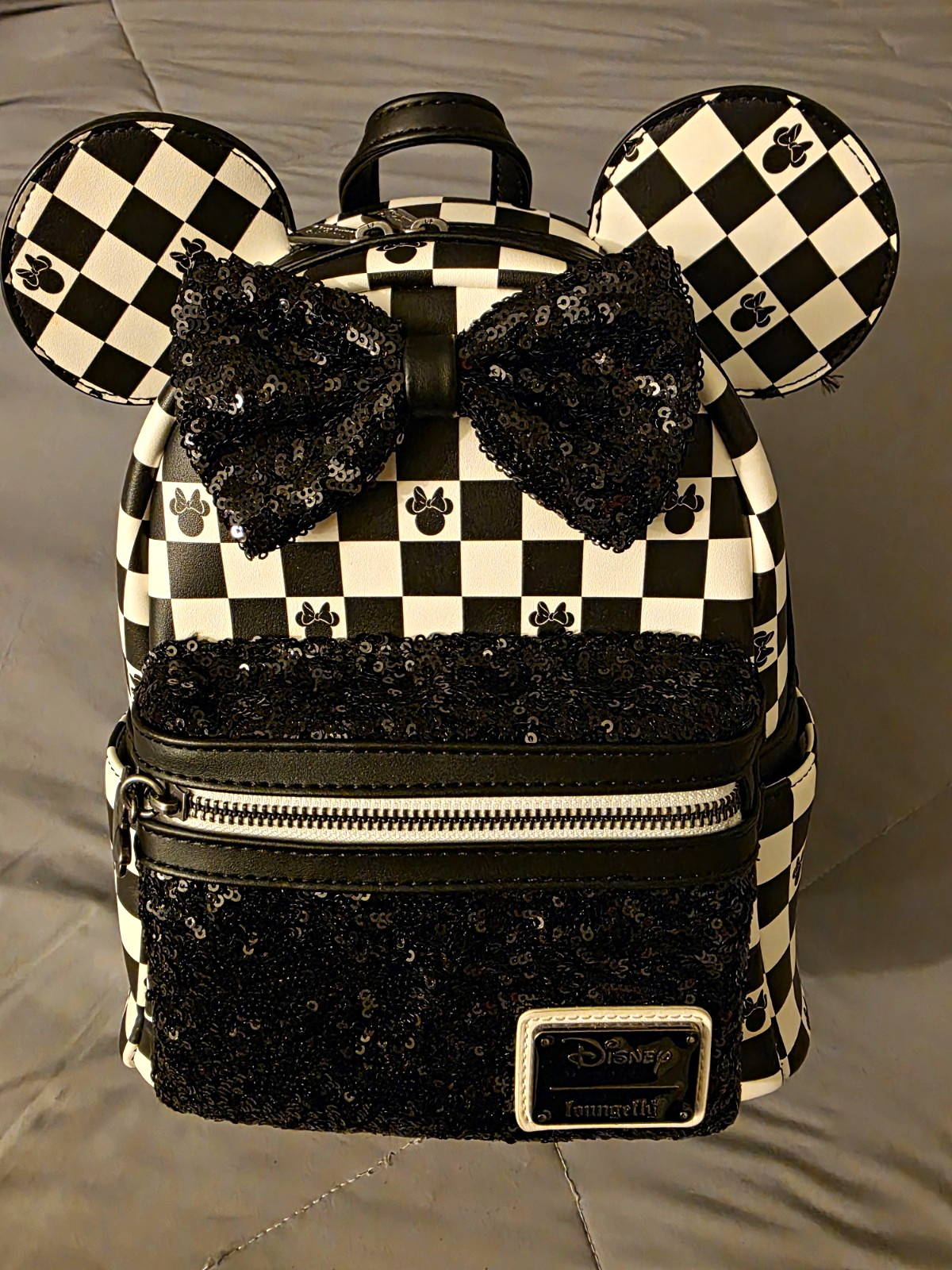 Loungefly Disney Minnie Mouse Mini Backpack Black/White Checker Sequin w/ Bow
